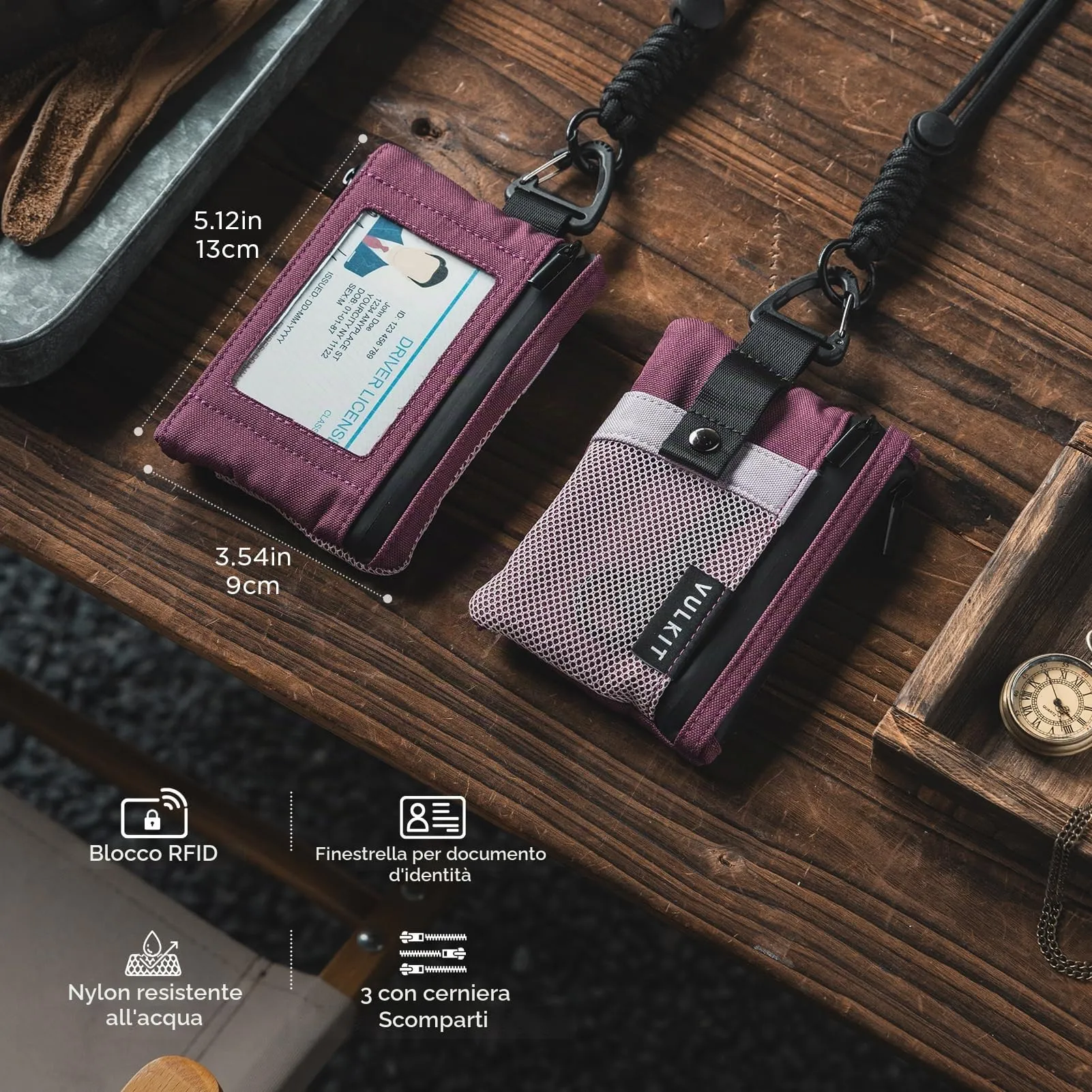 VULKIT Portafogli Minimalistico RFID con Finestra Identificativa e Cerniera, Rosa Vino - immagine 4