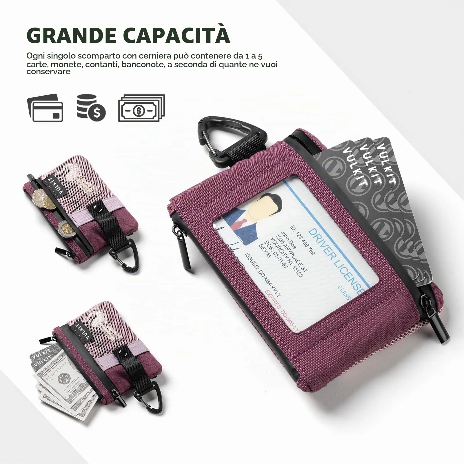 VULKIT Portafogli Minimalistico RFID con Finestra Identificativa e Cerniera, Rosa Vino - immagine 5