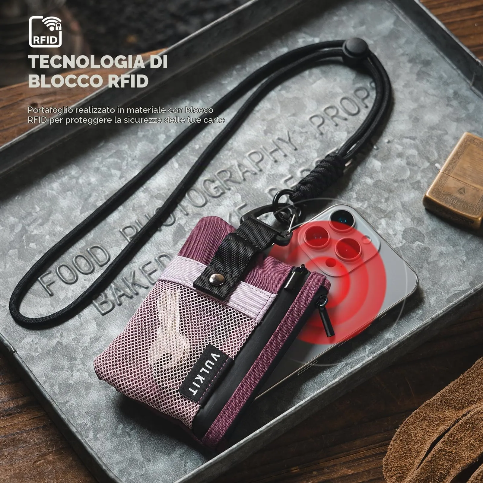 VULKIT Portafogli Minimalistico RFID con Finestra Identificativa e Cerniera, Rosa Vino - immagine 7