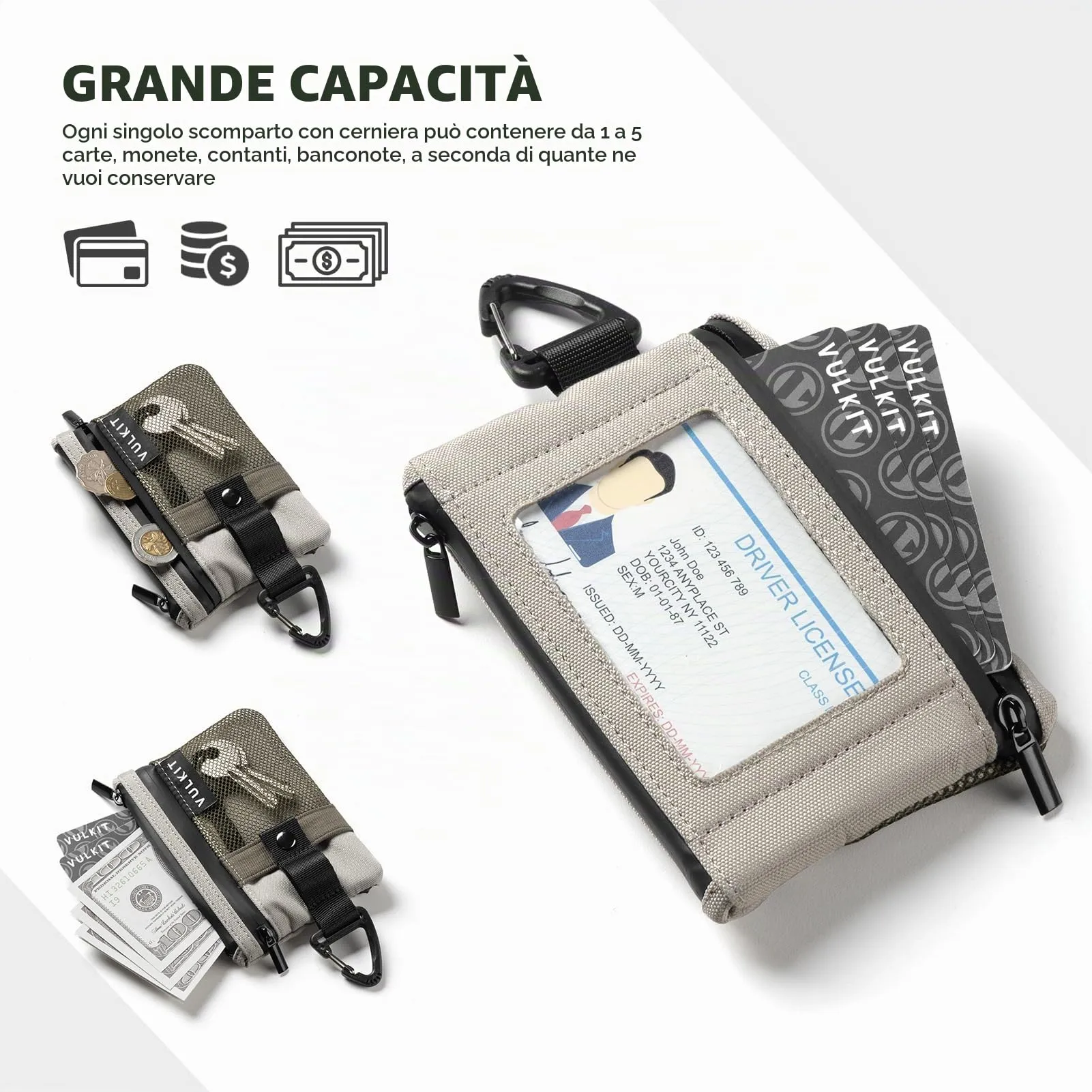 VULKIT Portafogli Minimalistico con Blocco RFID e Finestra Identificativa, Impermeabile con Cerniera (Verde Oliva) - immagine 4