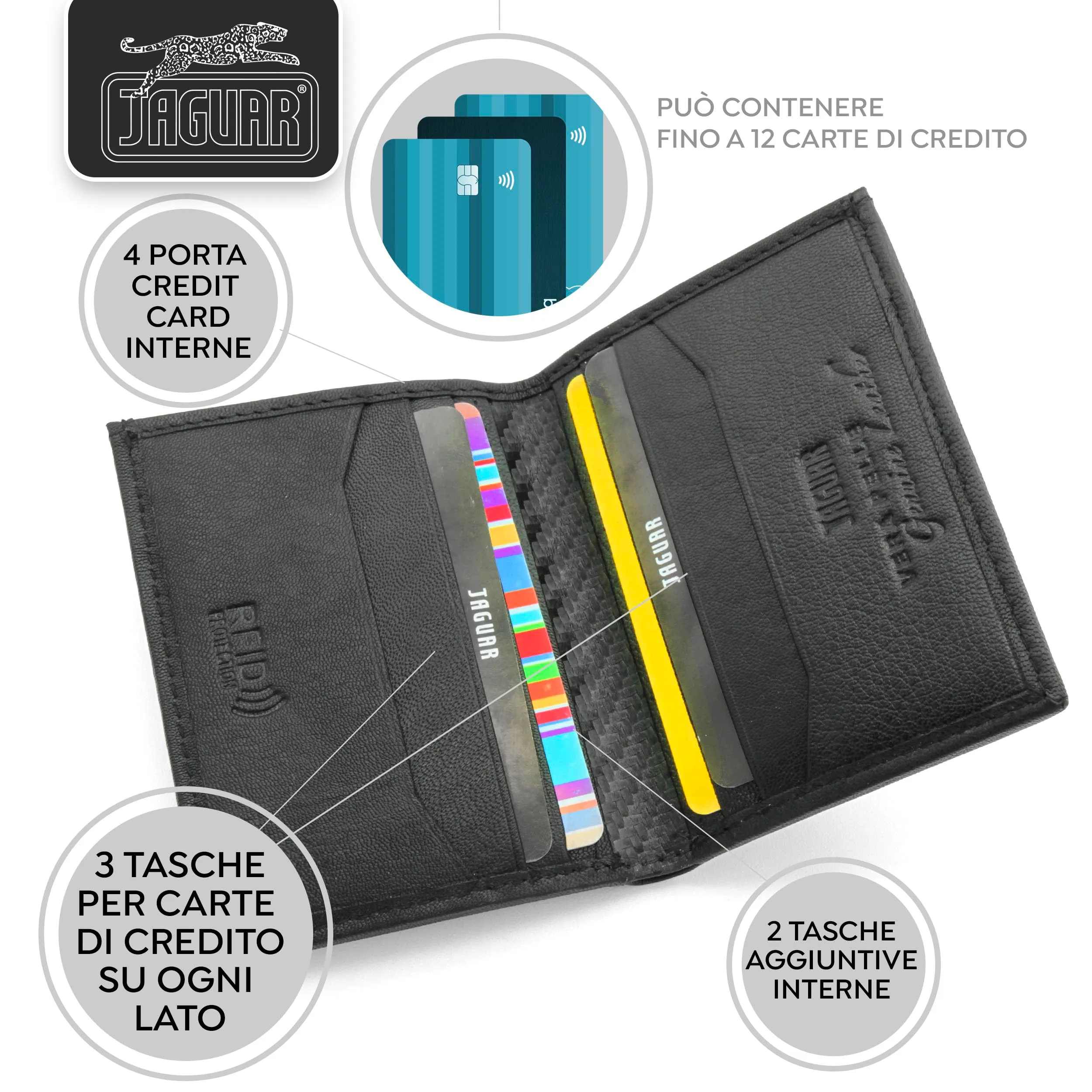 Jaguar Porta Carte di Credito Uomo in Pelle con Protezione RFID (Nero) - immagine 3