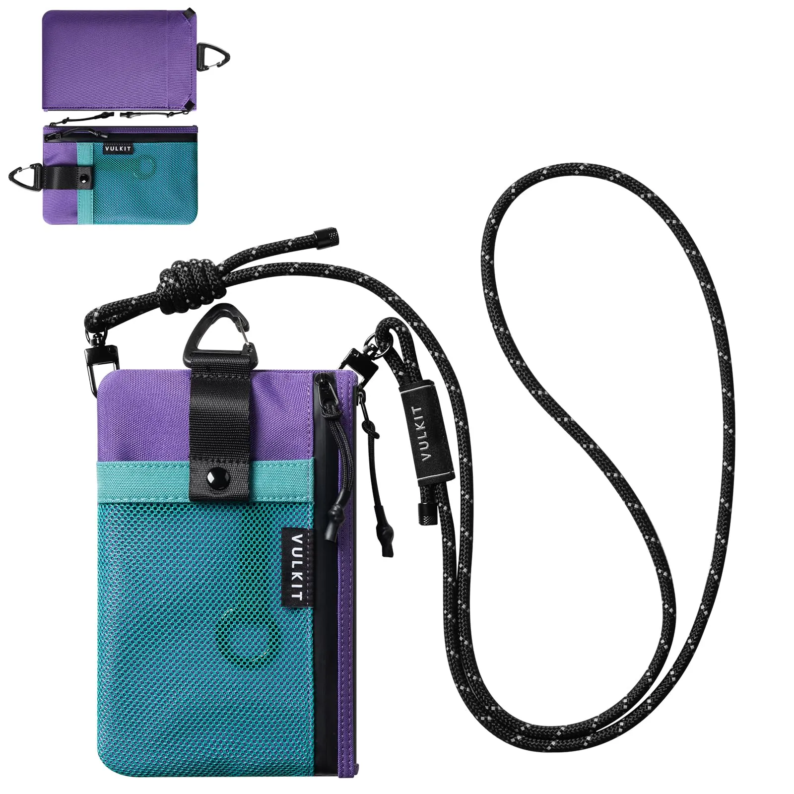 VULKIT Portafoglio Minimalistico con Blocco RFID e Finestra Identificativa, Impermeabile con Cerniera (Verde acqua-viola - Taglia grande) - immagine 1