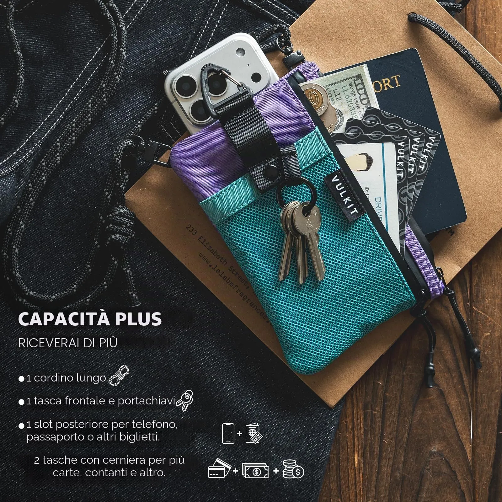 VULKIT Portafoglio Minimalistico con Blocco RFID e Finestra Identificativa, Impermeabile con Cerniera (Verde acqua-viola - Taglia grande) - immagine 2