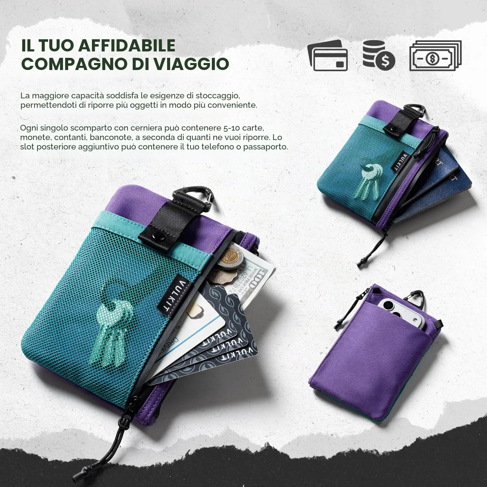 VULKIT Portafoglio Minimalistico con Blocco RFID e Finestra Identificativa, Impermeabile con Cerniera (Verde acqua-viola - Taglia grande) - immagine 4