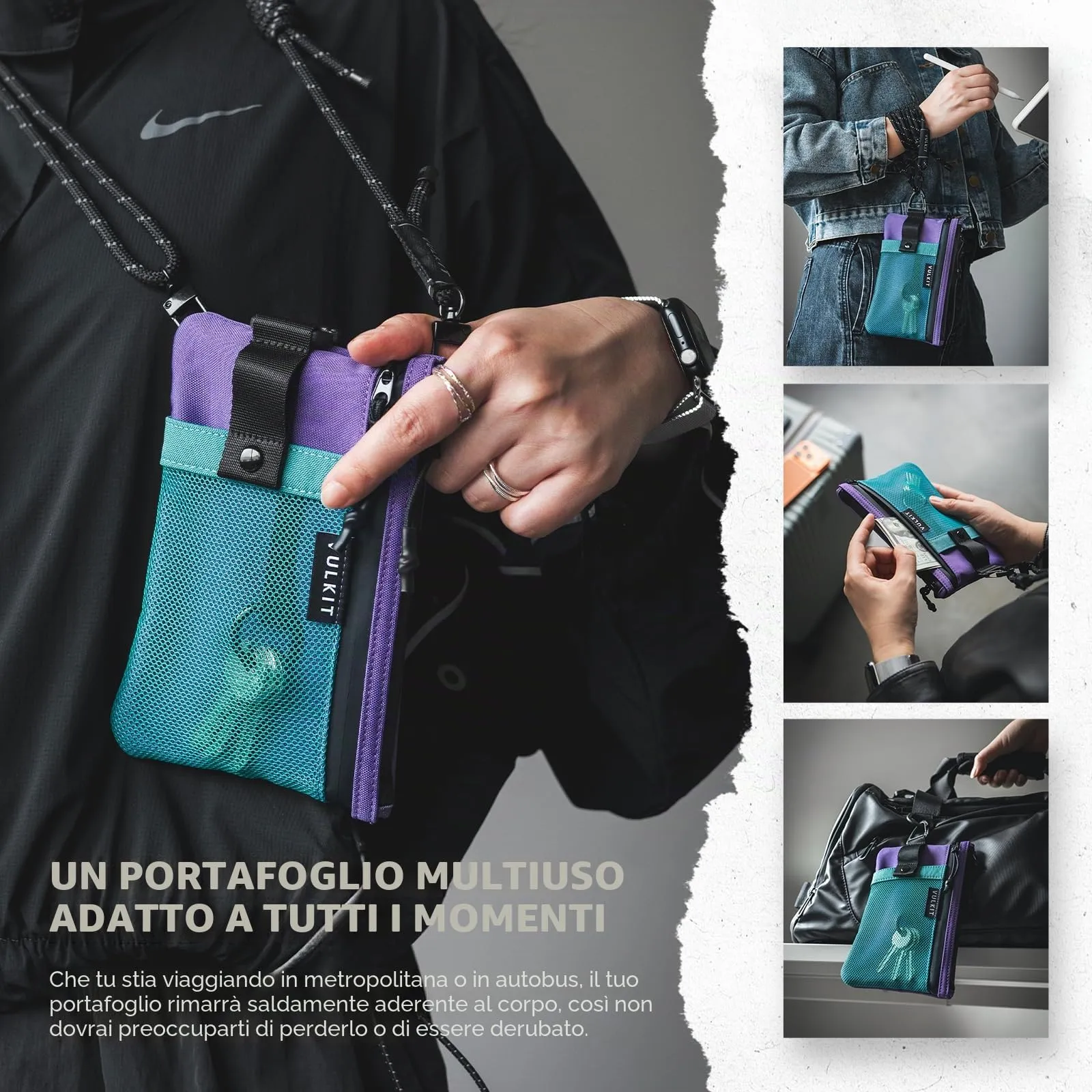 VULKIT Portafoglio Minimalistico con Blocco RFID e Finestra Identificativa, Impermeabile con Cerniera (Verde acqua-viola - Taglia grande) - immagine 6
