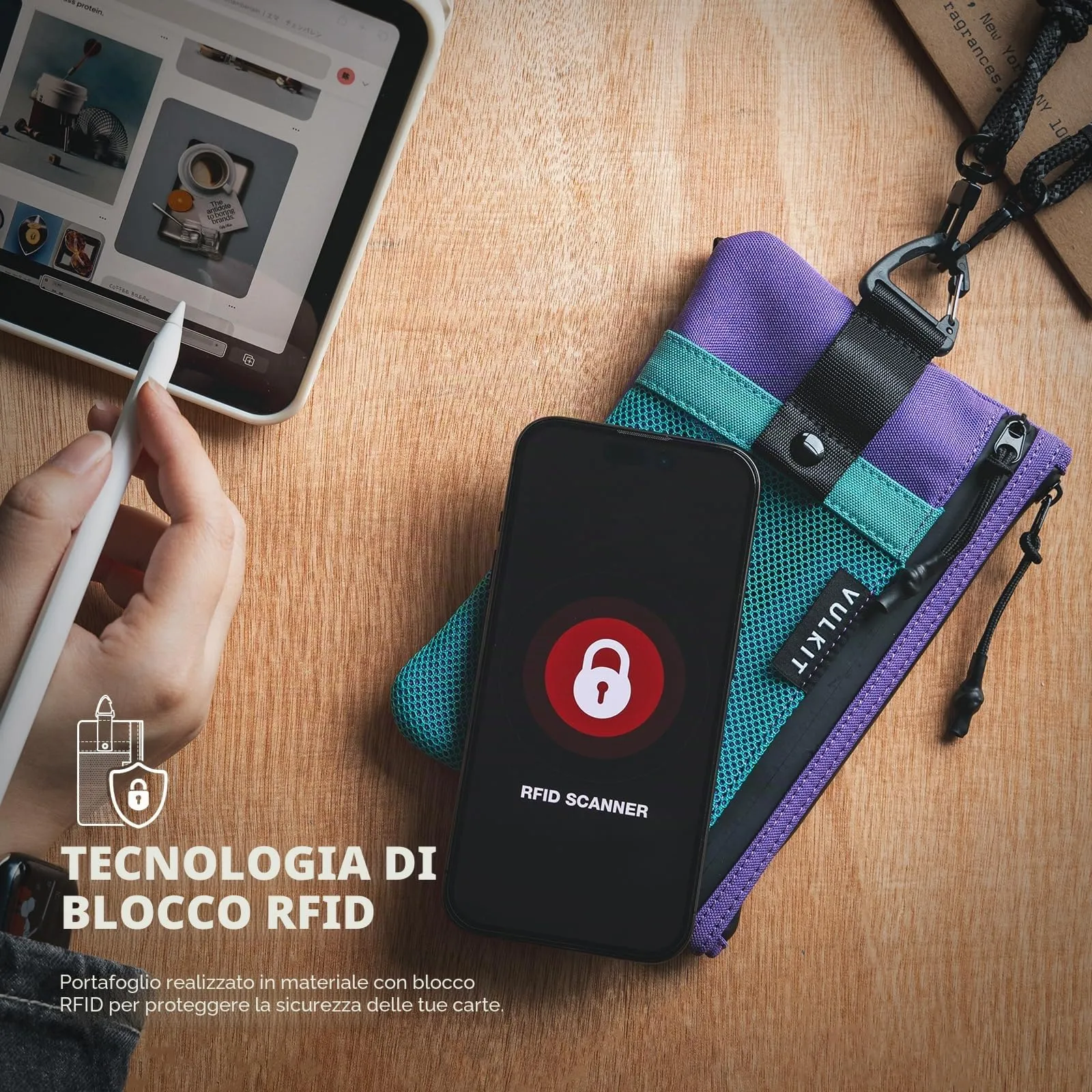 VULKIT Portafoglio Minimalistico con Blocco RFID e Finestra Identificativa, Impermeabile con Cerniera (Verde acqua-viola - Taglia grande) - immagine 7