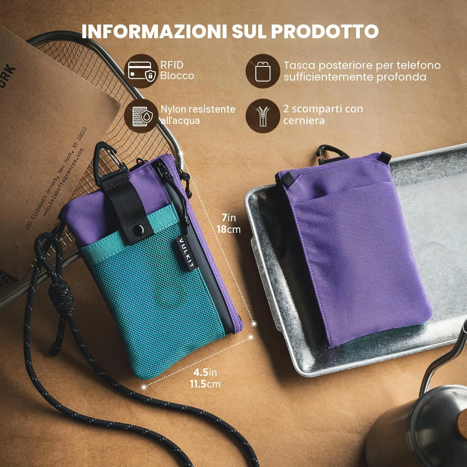 VULKIT Portafoglio Minimalistico con Blocco RFID e Finestra Identificativa, Impermeabile con Cerniera (Verde acqua-viola - Taglia grande) - immagine 8