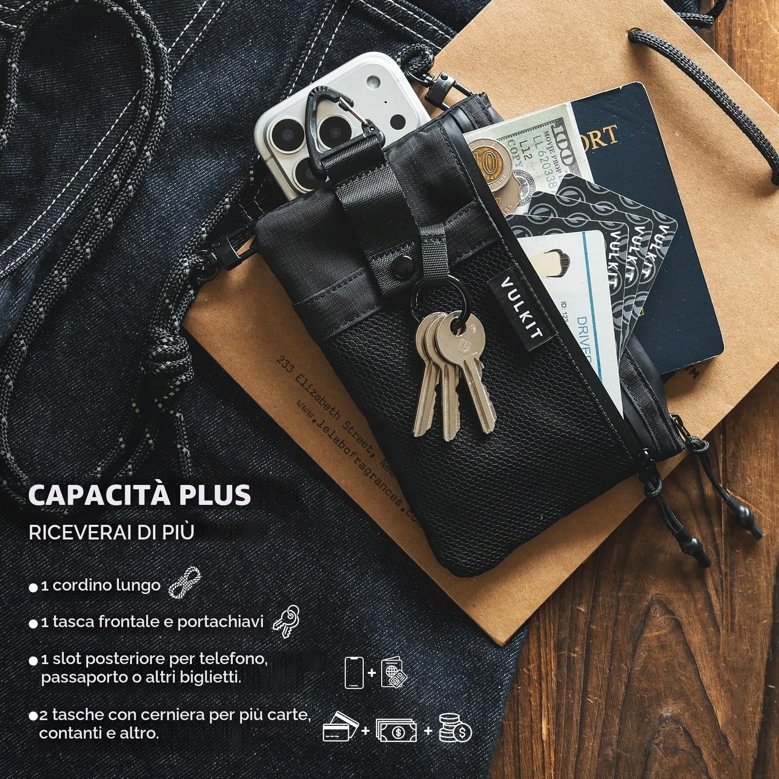 VULKIT Portafoglio Minimalistico RFID Impermeabile con Finestra Identificativa e Cerniera, Nero - Taglia Grande - immagine 2