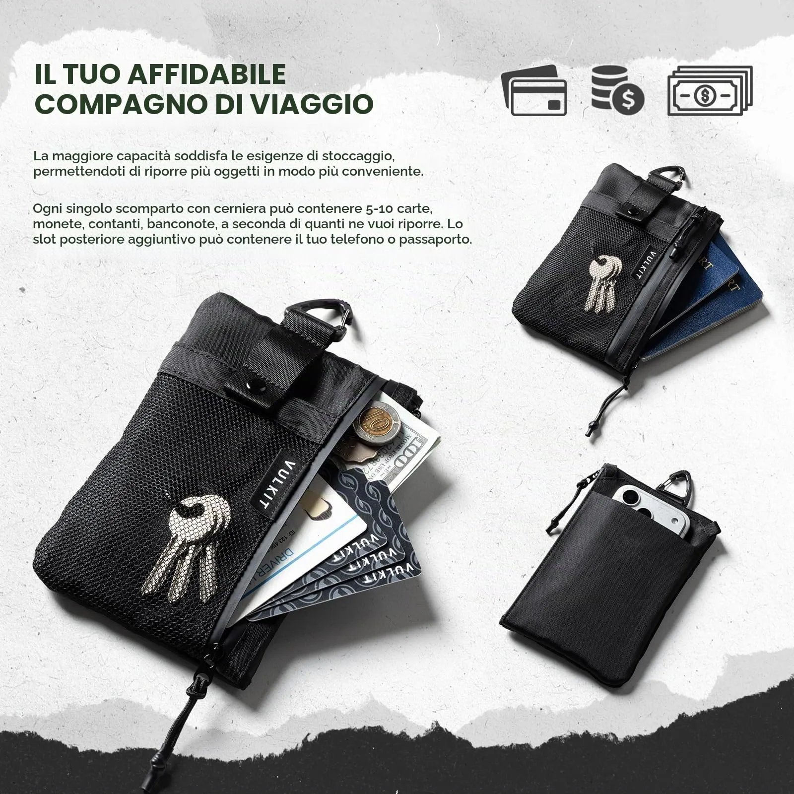 VULKIT Portafoglio Minimalistico RFID Impermeabile con Finestra Identificativa e Cerniera, Nero - Taglia Grande - immagine 4
