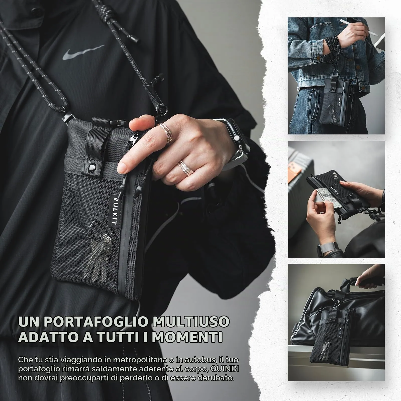 VULKIT Portafoglio Minimalistico RFID Impermeabile con Finestra Identificativa e Cerniera, Nero - Taglia Grande - immagine 6