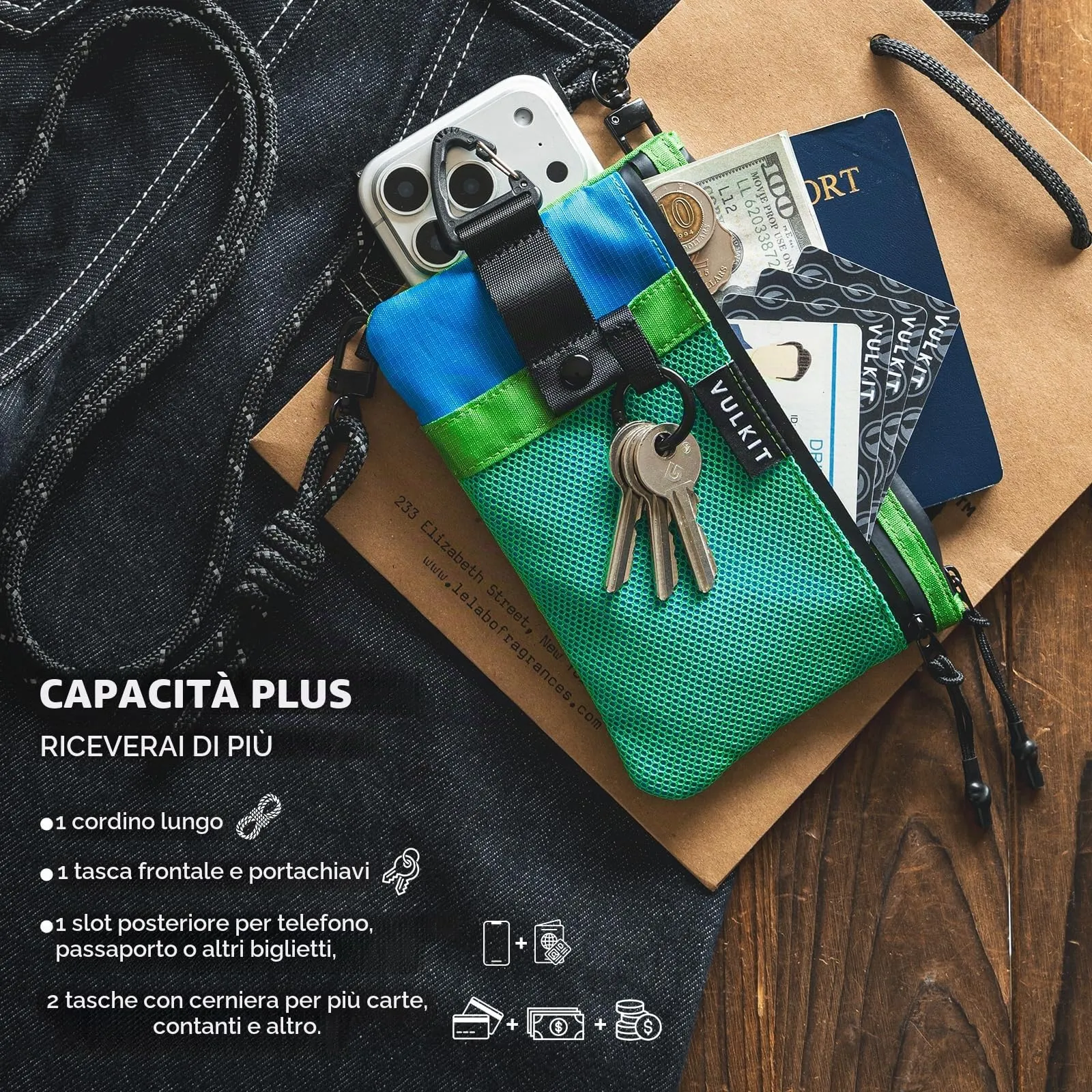 VULKIT Portafogli Minimalistico con Blocco RFID e Finestra Identificativa, Impermeabile con Cerniera (Verde-blu, Taglia grande) - immagine 2
