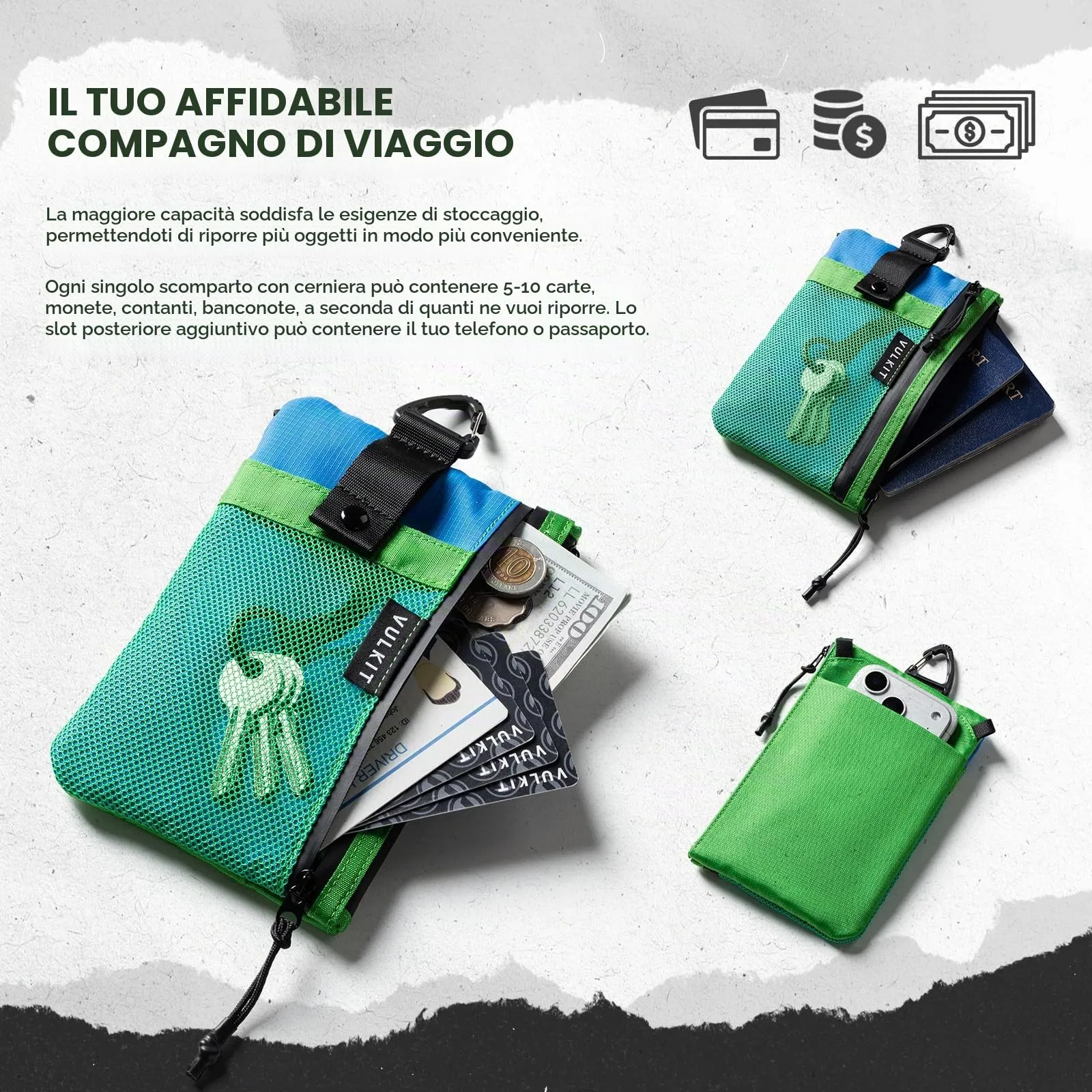 VULKIT Portafogli Minimalistico con Blocco RFID e Finestra Identificativa, Impermeabile con Cerniera (Verde-blu, Taglia grande) - immagine 4