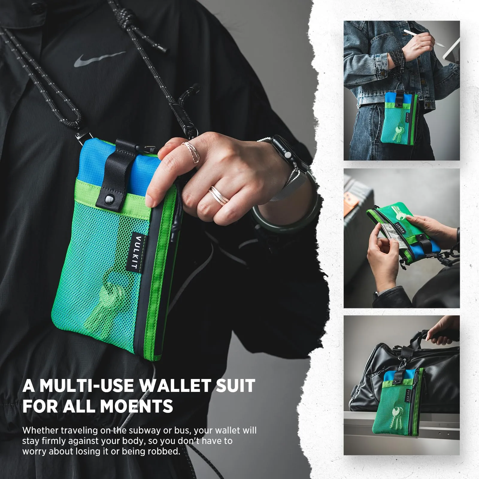 VULKIT Portafogli Minimalistico con Blocco RFID e Finestra Identificativa, Impermeabile con Cerniera (Verde-blu, Taglia grande) - immagine 6
