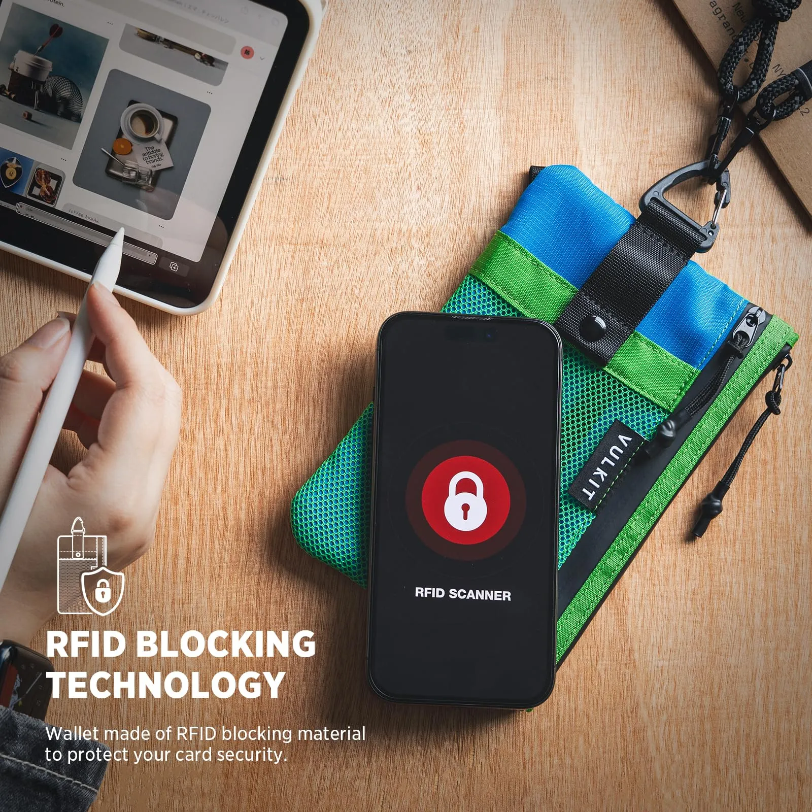 VULKIT Portafogli Minimalistico con Blocco RFID e Finestra Identificativa, Impermeabile con Cerniera (Verde-blu, Taglia grande) - immagine 7