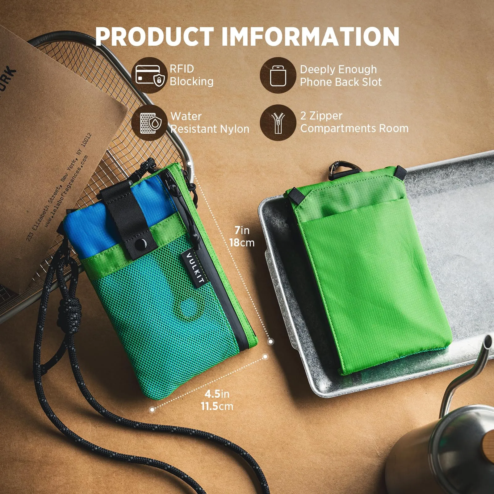 VULKIT Portafogli Minimalistico con Blocco RFID e Finestra Identificativa, Impermeabile con Cerniera (Verde-blu, Taglia grande) - immagine 8