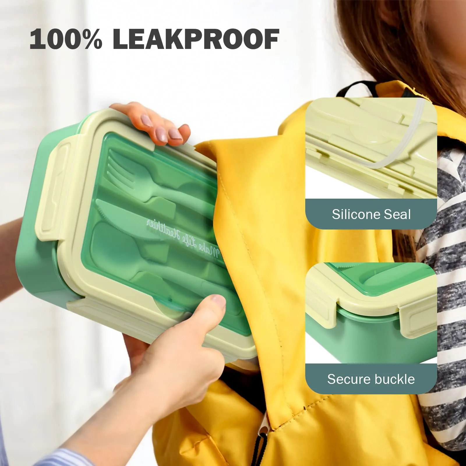 Diboniur Lunch Box 1400 ml con 3 Scomparti e Posate, Verde - immagine 2