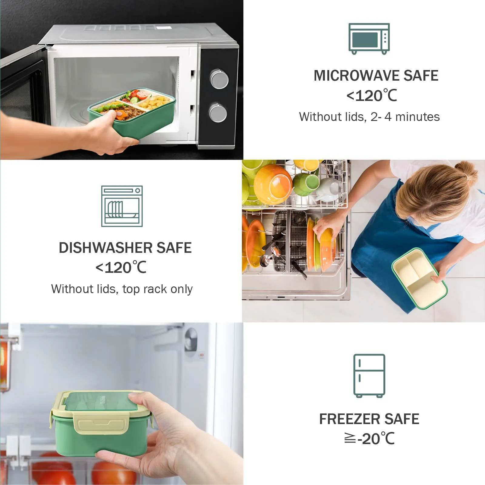 Diboniur Lunch Box 1400 ml con 3 Scomparti e Posate, Verde - immagine 3