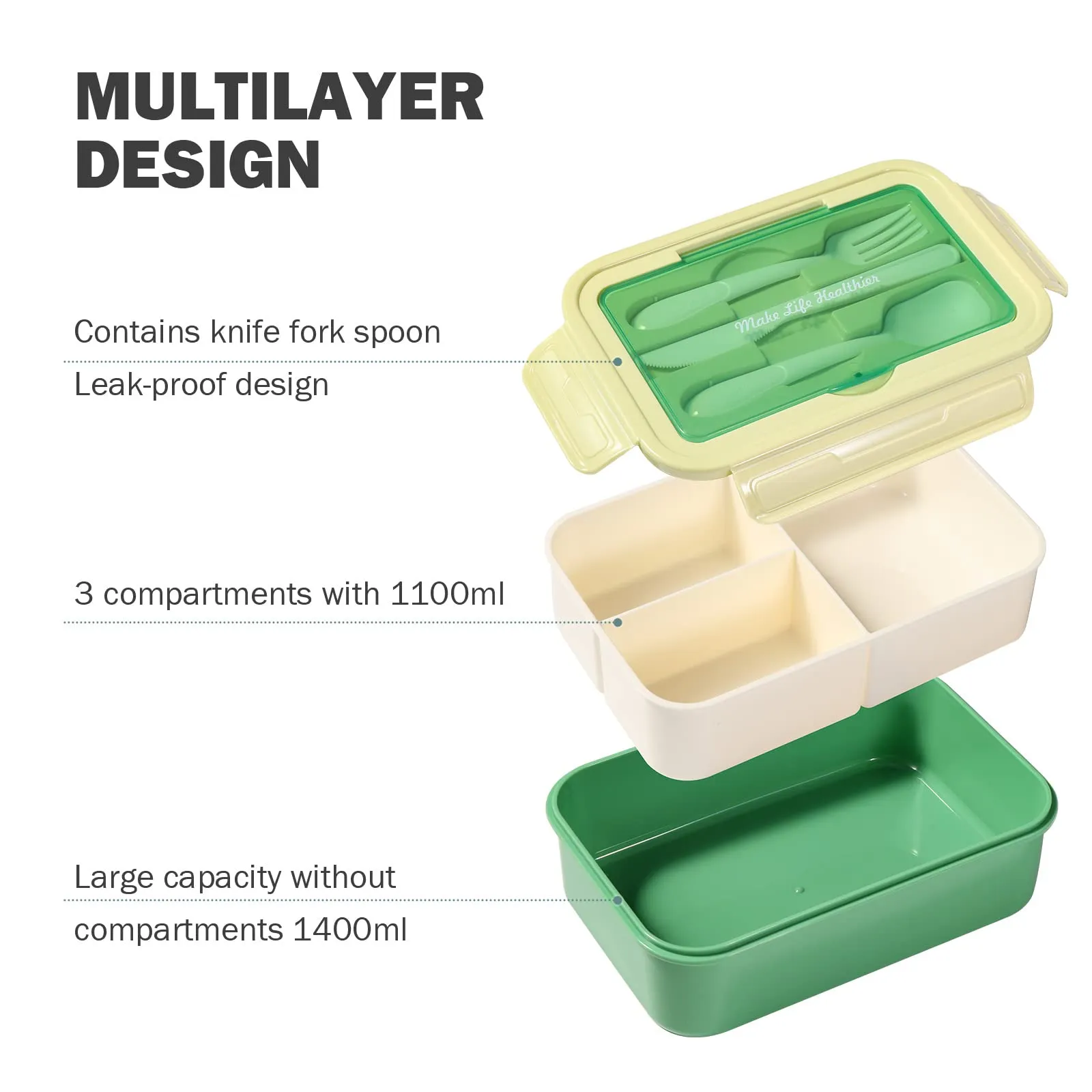 Diboniur Lunch Box 1400 ml con 3 Scomparti e Posate, Verde - immagine 4