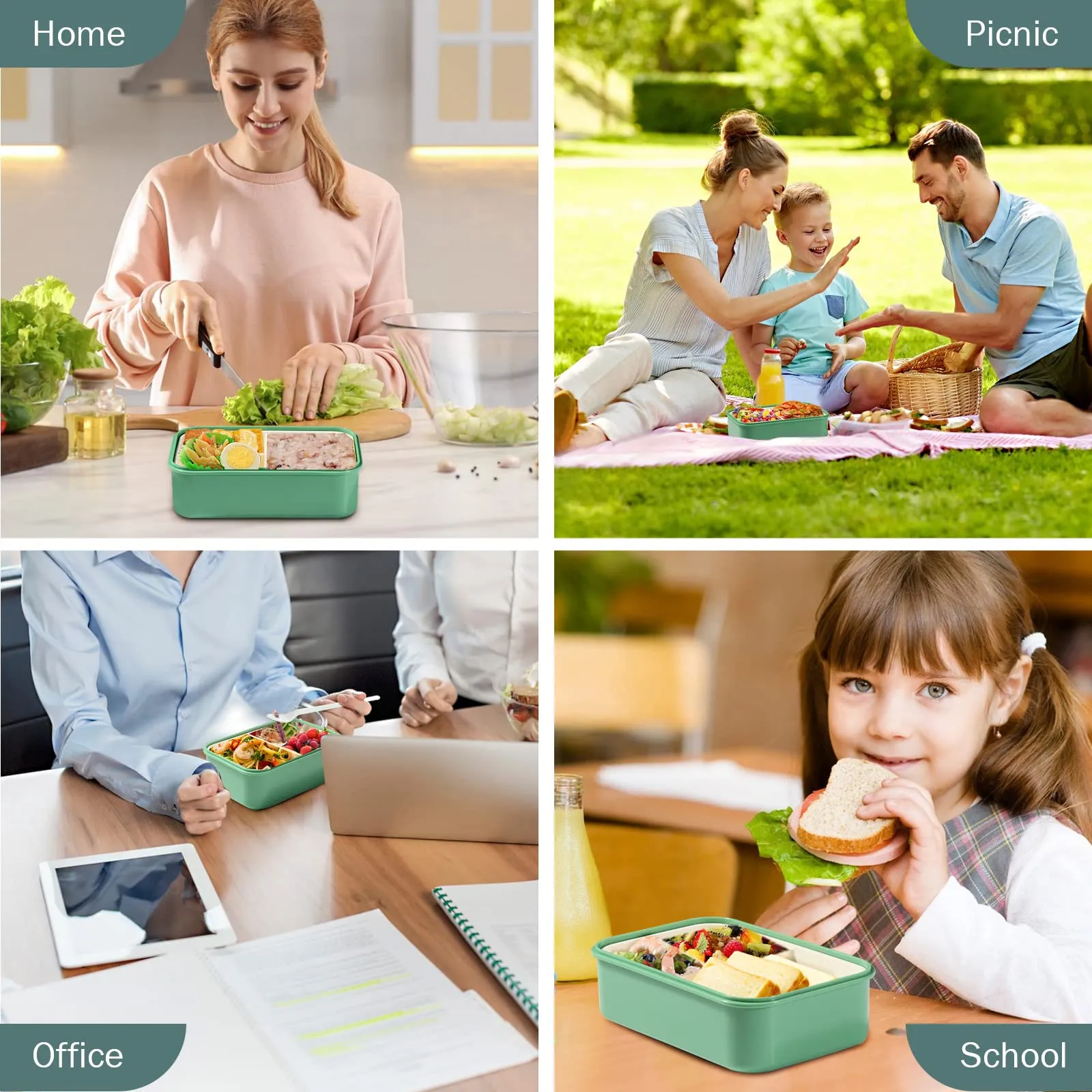 Diboniur Lunch Box 1400 ml con 3 Scomparti e Posate, Verde - immagine 6