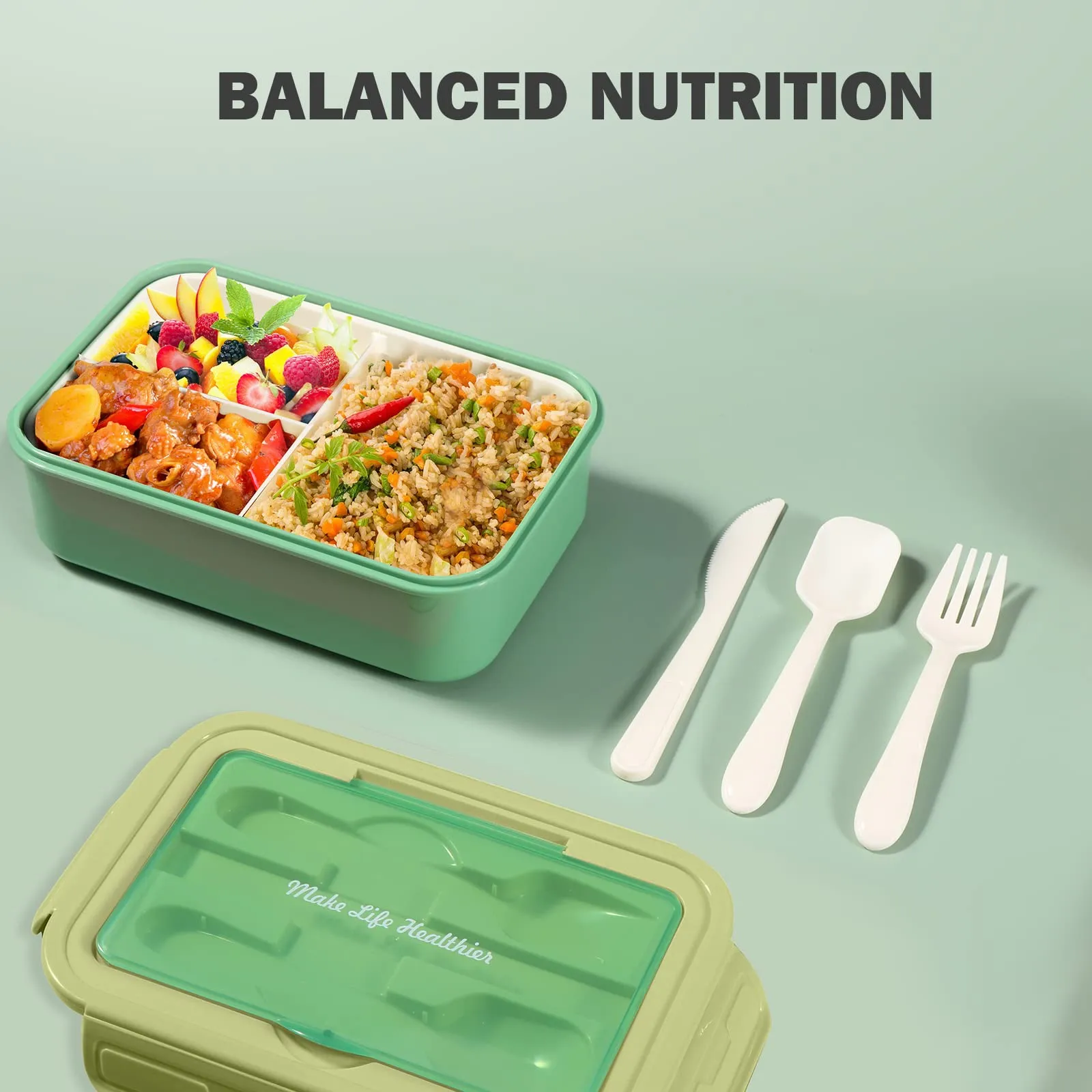 Diboniur Lunch Box 1400 ml con 3 Scomparti e Posate, Verde - immagine 7