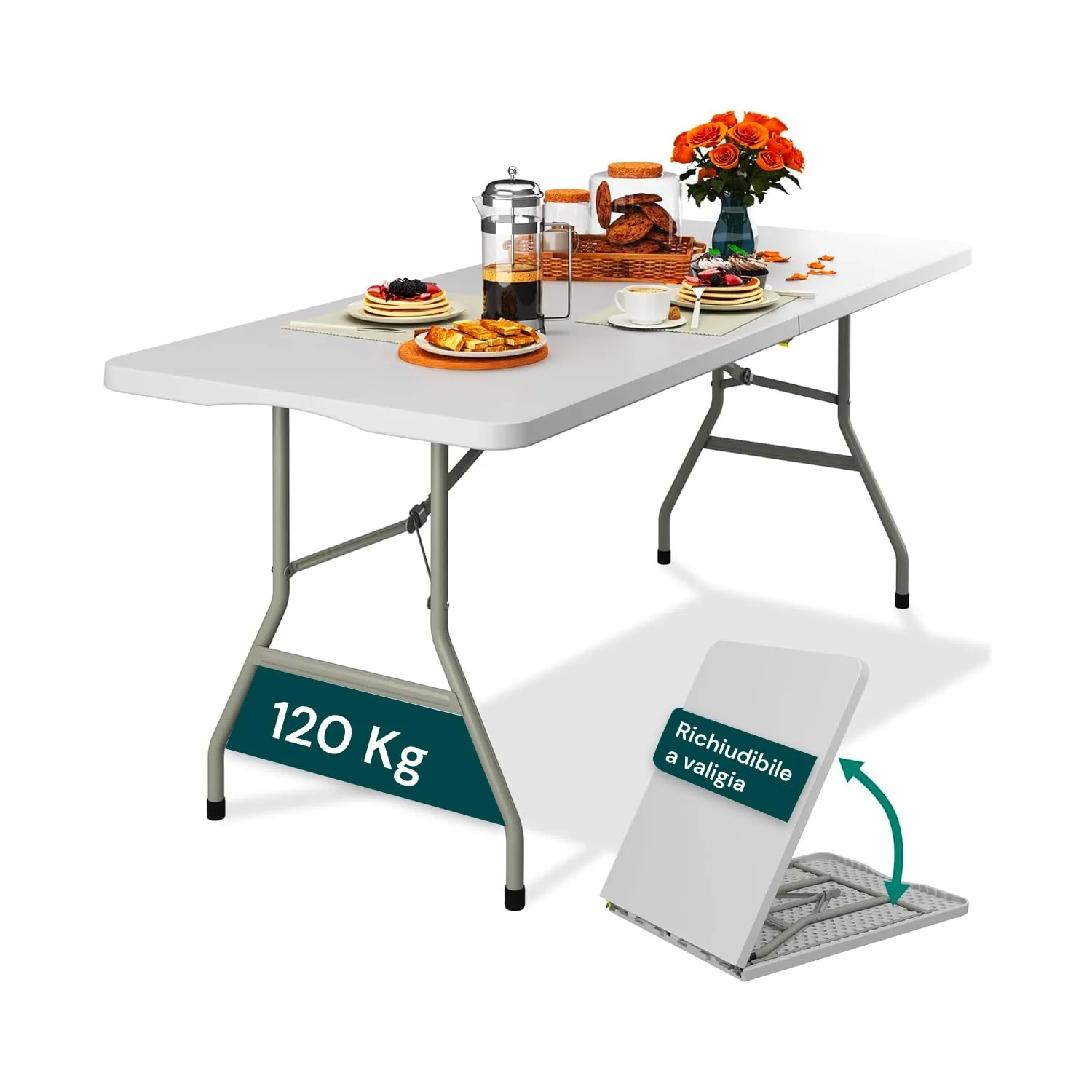 Avilia Tavolo da Pranzo Pieghevole Rettangolare in Plastica HDPE, 180x70x74 cm, Bianco - immagine 1