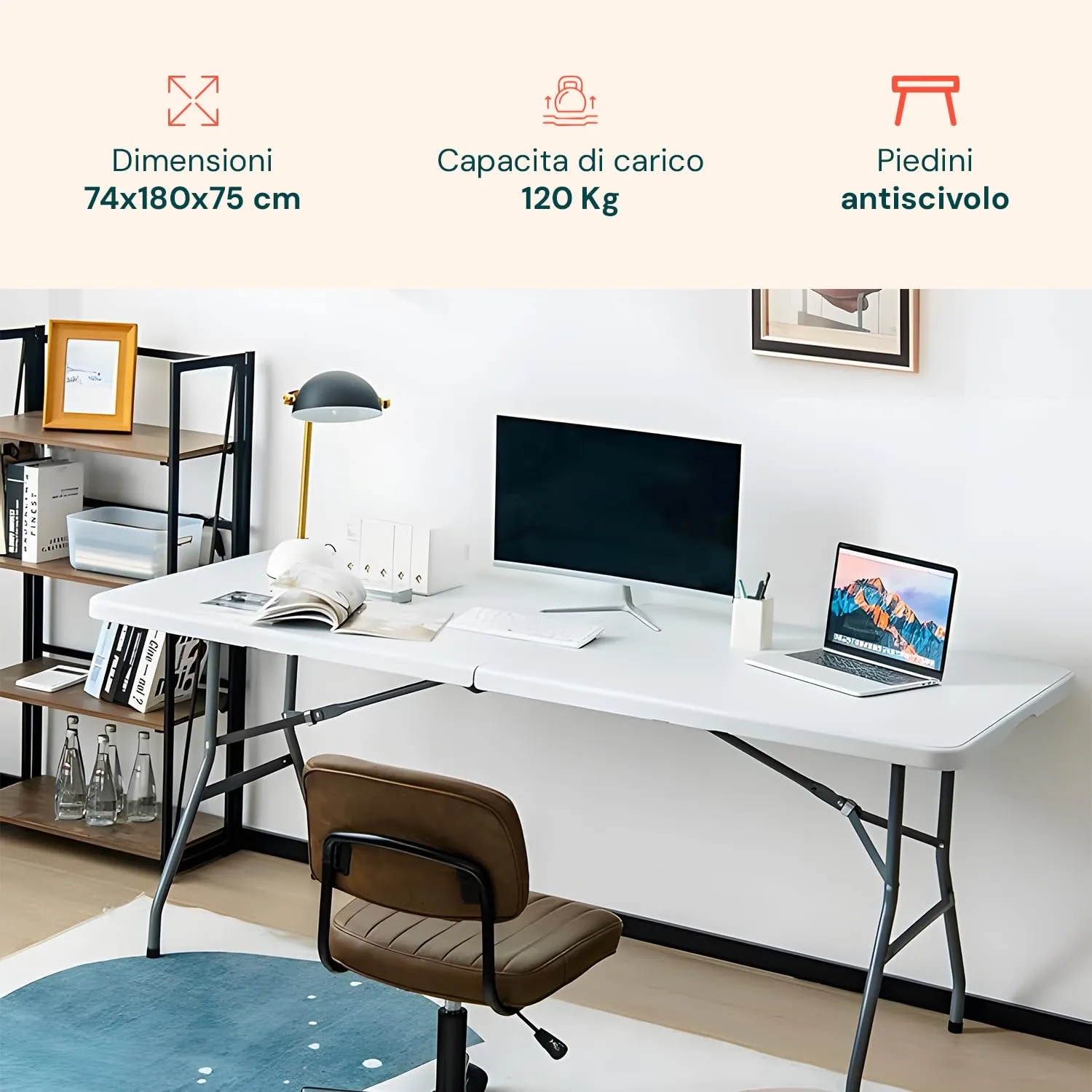 Avilia Tavolo da Pranzo Pieghevole Rettangolare in Plastica HDPE, 180x70x74 cm, Bianco - immagine 2