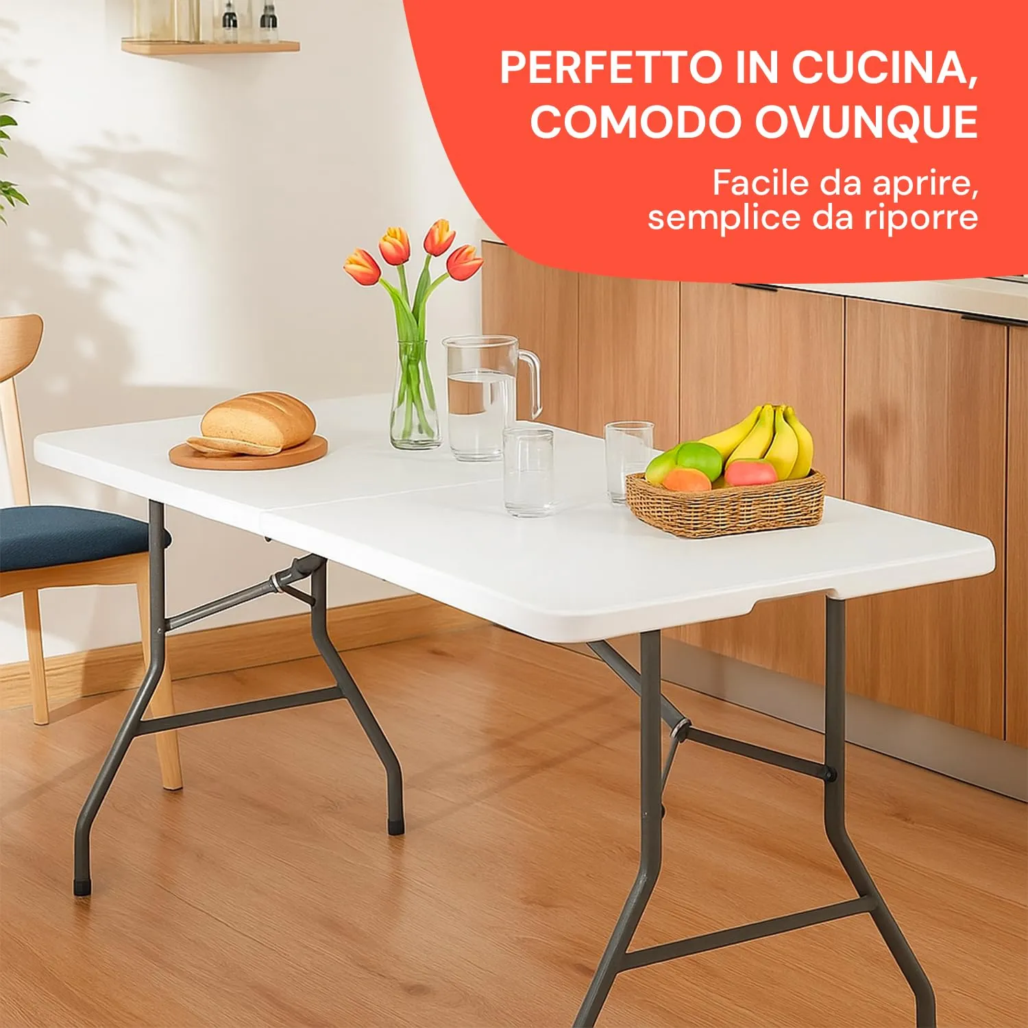 Avilia Tavolo da Pranzo Pieghevole Rettangolare in Plastica HDPE, 180x70x74 cm, Bianco - immagine 4