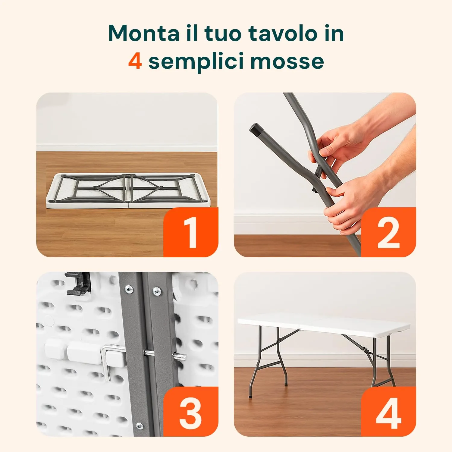 Avilia Tavolo da Pranzo Pieghevole Rettangolare in Plastica HDPE, 180x70x74 cm, Bianco - immagine 6