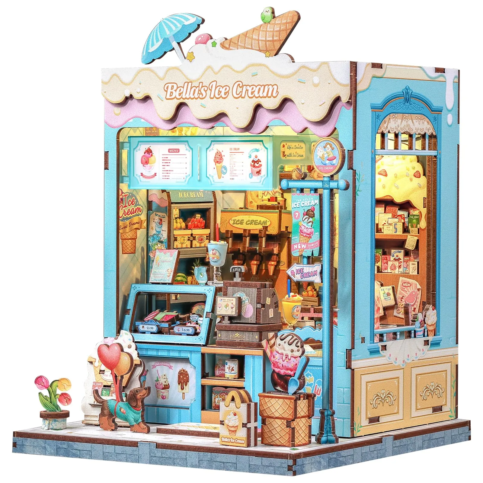CUTEBEE Book Nook Kit, Bella's Ice Cream 3D Wooden Miniature Dollhouse with LED Lights - immagine 1