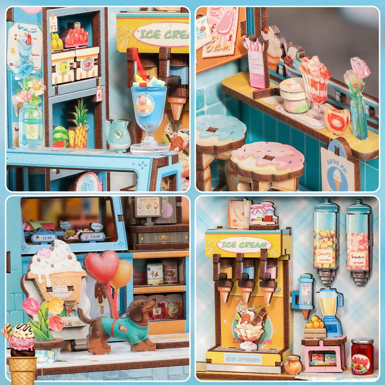 CUTEBEE Book Nook Kit, Bella's Ice Cream 3D Wooden Miniature Dollhouse with LED Lights - immagine 5