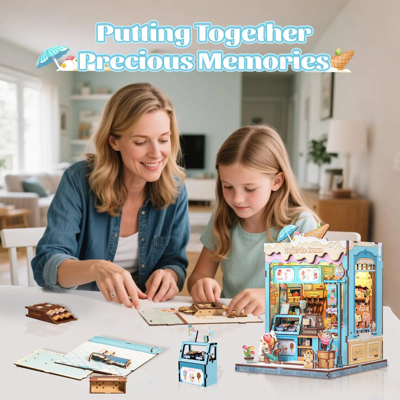CUTEBEE Book Nook Kit, Bella's Ice Cream 3D Wooden Miniature Dollhouse with LED Lights - immagine 6