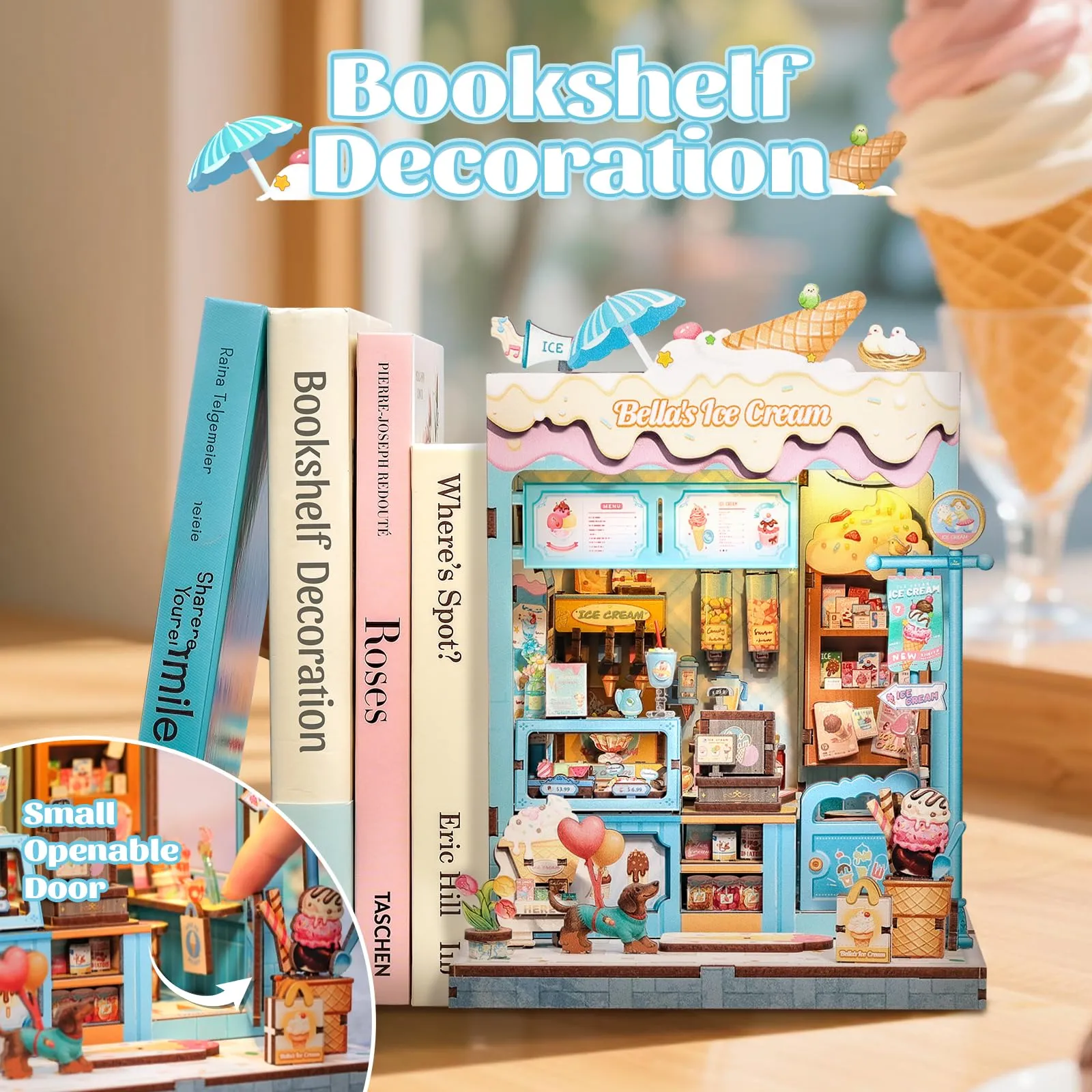 CUTEBEE Book Nook Kit, Bella's Ice Cream 3D Wooden Miniature Dollhouse with LED Lights - immagine 8
