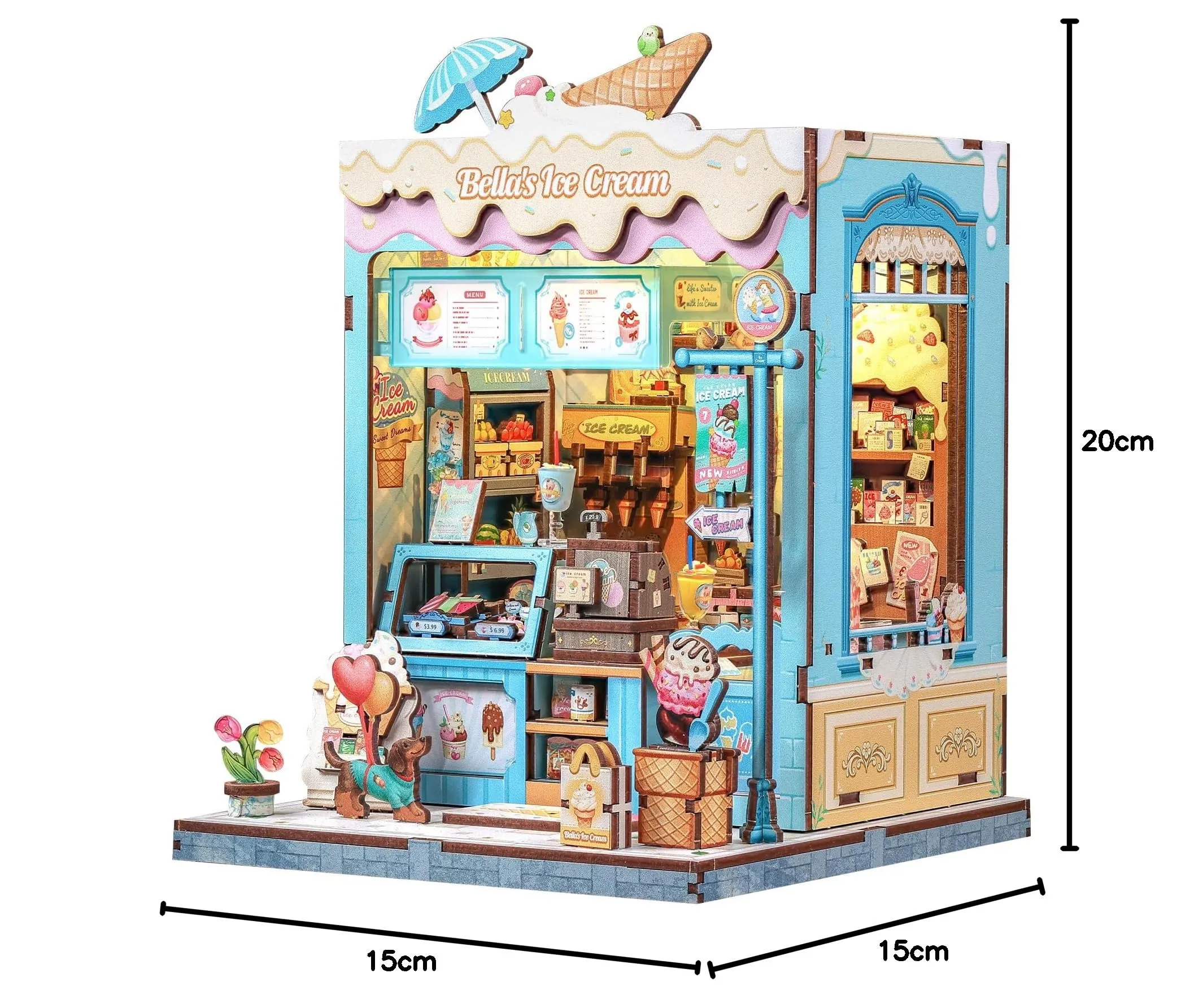 CUTEBEE Book Nook Kit, Bella's Ice Cream 3D Wooden Miniature Dollhouse with LED Lights - immagine 9