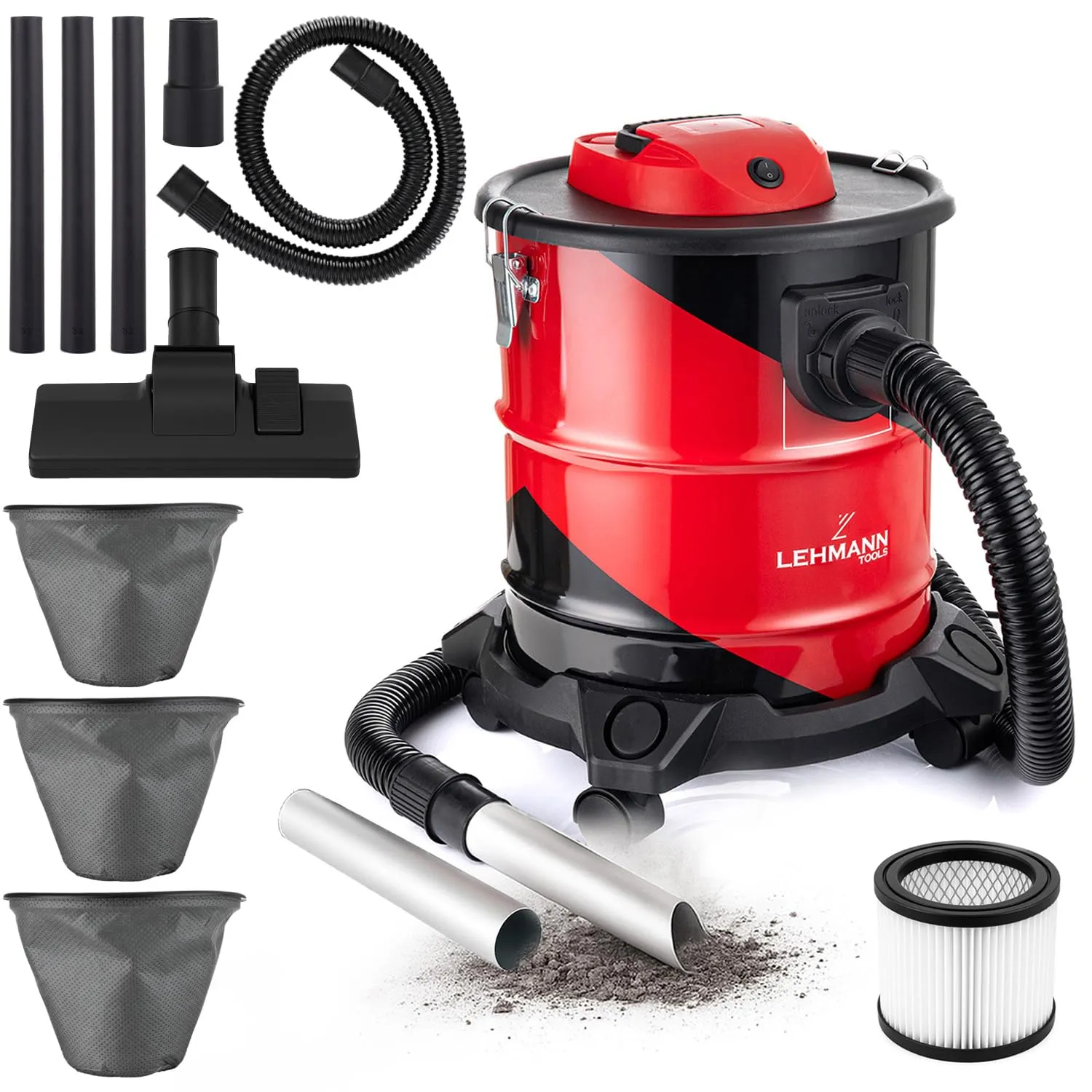 LEHMANN Haddo Aspirapolvere Industriale 2000 W, Aspiracenere con Serbatoio in Acciaio Inox da 20 L, Filtro HEPA, Funzione Soffiante, Rosso e Nero - immagine 1