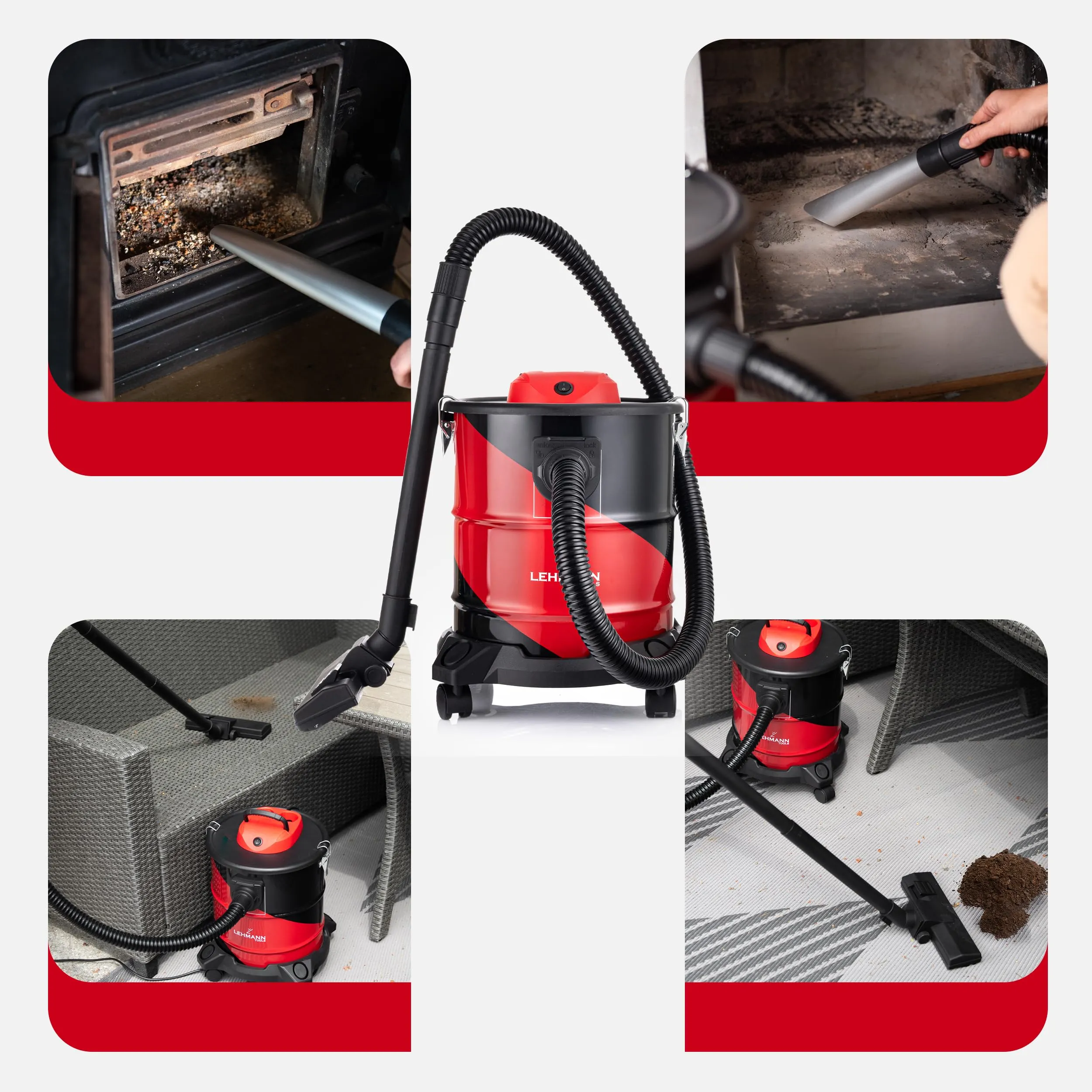 LEHMANN Haddo Aspirapolvere Industriale 2000 W, Aspiracenere con Serbatoio in Acciaio Inox da 20 L, Filtro HEPA, Funzione Soffiante, Rosso e Nero - immagine 3