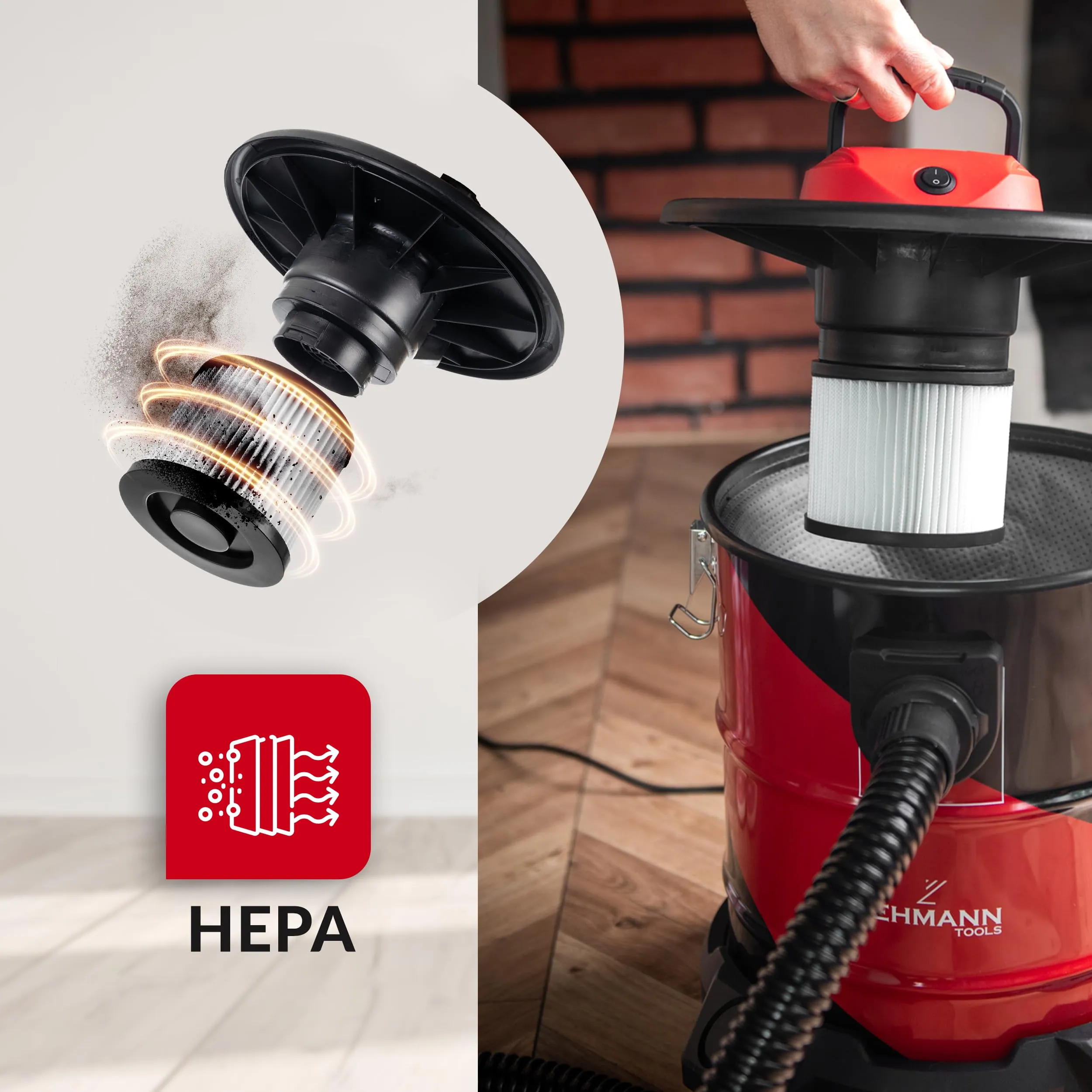 LEHMANN Haddo Aspirapolvere Industriale 2000 W, Aspiracenere con Serbatoio in Acciaio Inox da 20 L, Filtro HEPA, Funzione Soffiante, Rosso e Nero - immagine 4