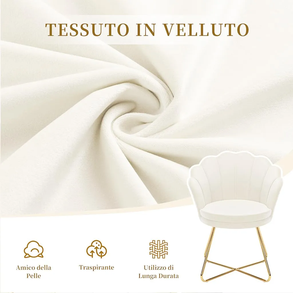 Hellove Poltrona Conchiglia in Velluto con Gambe in Metallo Dorato, Beige - immagine 9