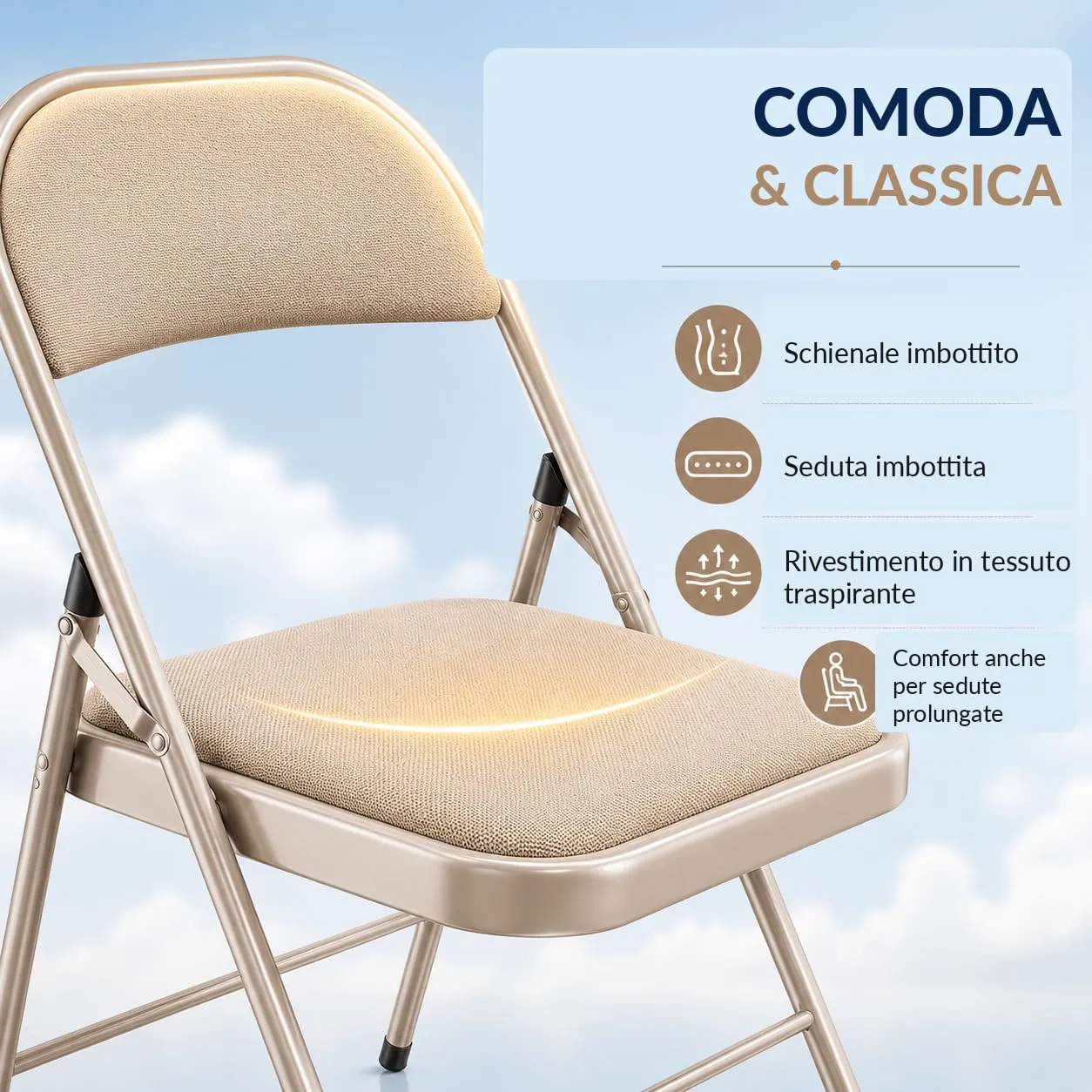 Asdsed Set di 6 Sedie Pieghevoli Imbottite, Cachi - immagine 3