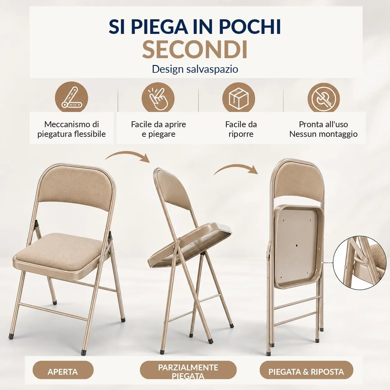 Asdsed Set di 6 Sedie Pieghevoli Imbottite, Cachi - immagine 4