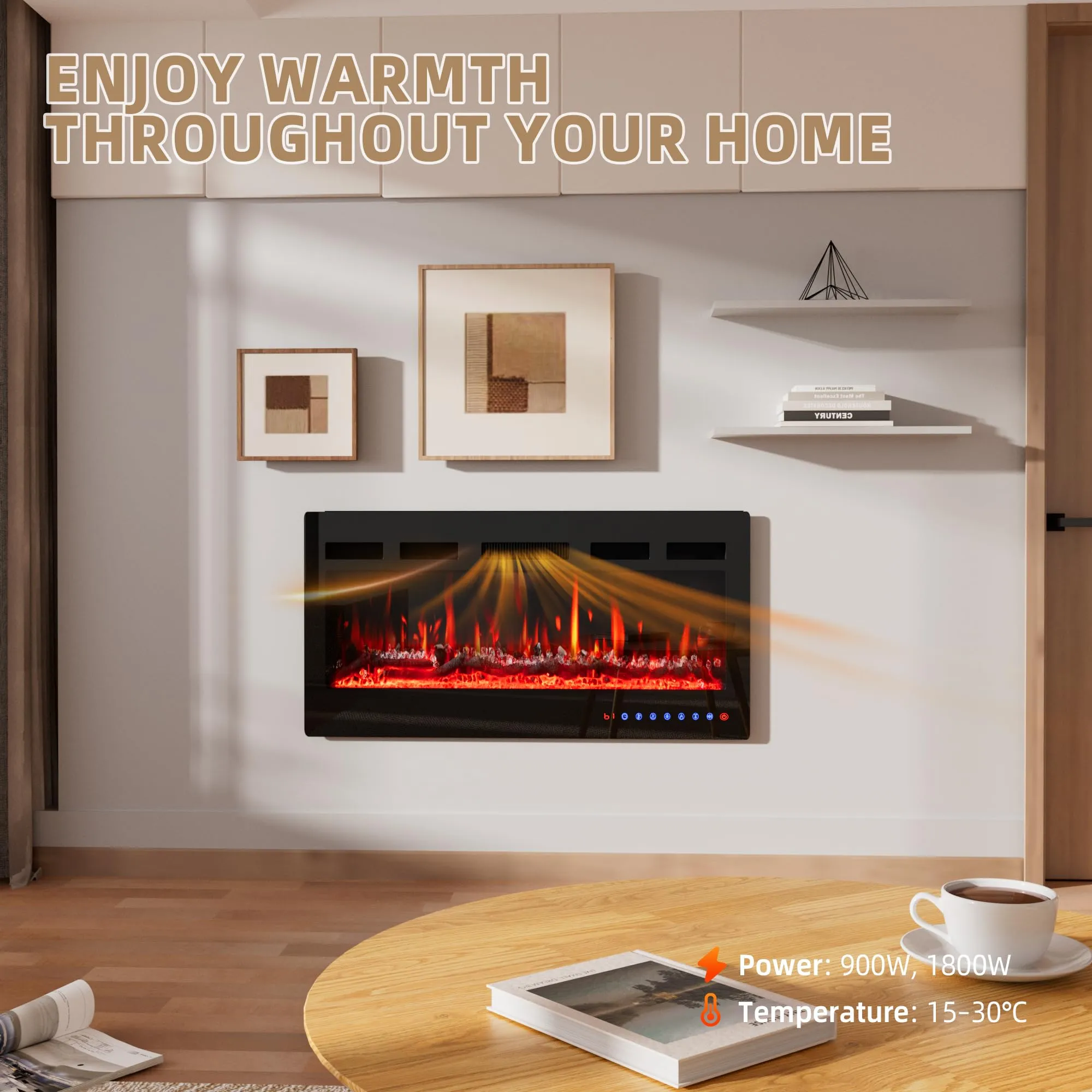 PURFINO Camino Elettrico 40"/102cm, Fiamma 12 Colori, 900W/1800W, Termostato 15-30°C, Touchscreen e Telecomando - immagine 5
