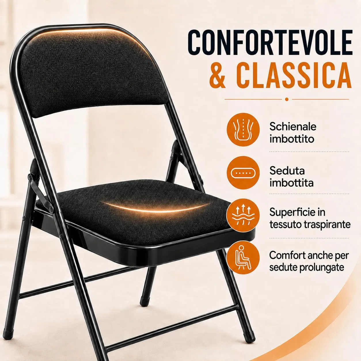 Asdsed Set di 8 Sedie Pieghevoli Imbottite, Nero - immagine 2