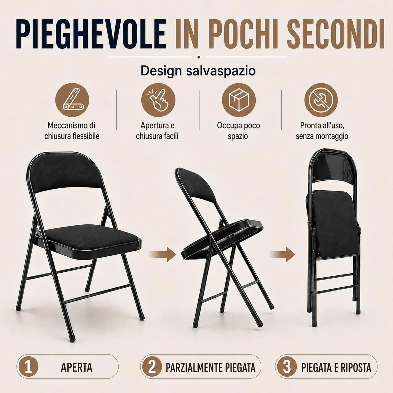 Asdsed Set di 8 Sedie Pieghevoli Imbottite, Nero - immagine 4