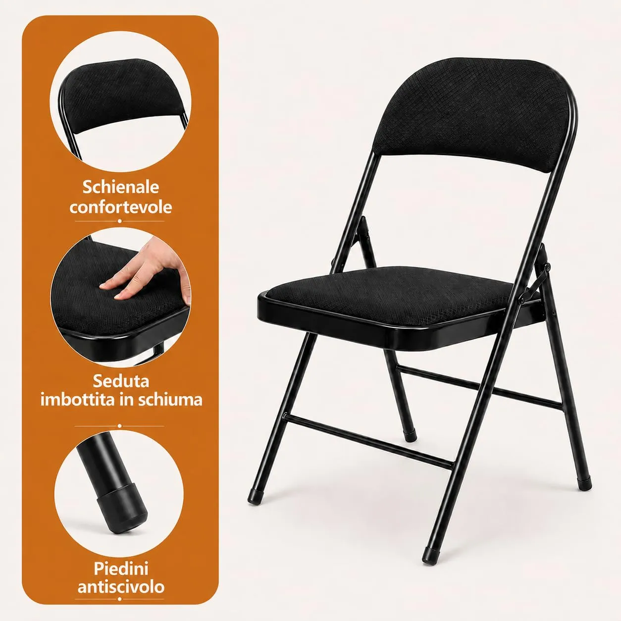 Asdsed Set di 8 Sedie Pieghevoli Imbottite, Nero - immagine 5