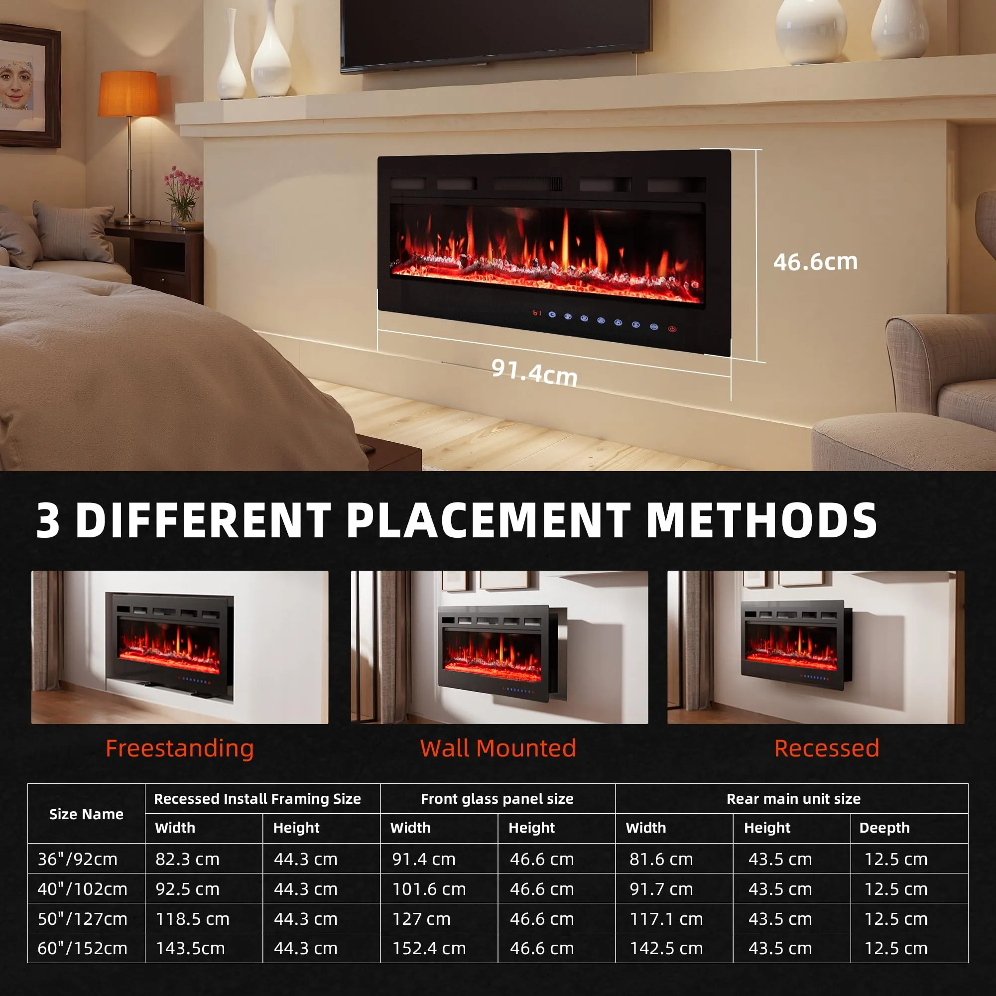 PURFINO Camino Elettrico 36"/92cm, 900W/1800W, 12 Colori, Termostato 15-30°C, Touchscreen e Telecomando, IF-1836 - immagine 3