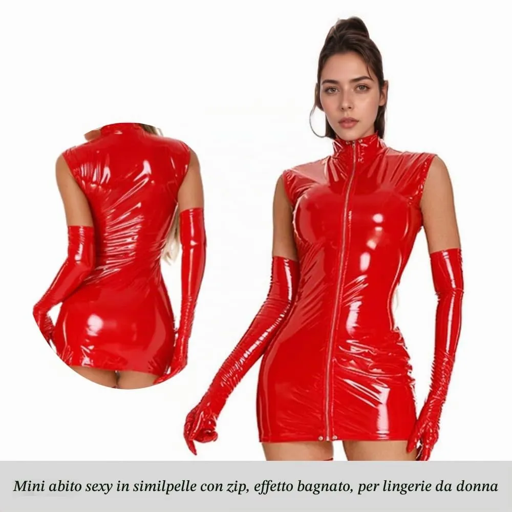 PARUPRUP Donna Vestito Mini in Pelle Wetlook con Cerniera Frontale (Rosso, L) - immagine 2