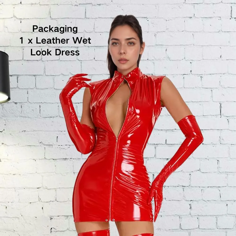 PARUPRUP Donna Vestito Mini in Pelle Wetlook con Cerniera Frontale (Rosso, L) - immagine 5