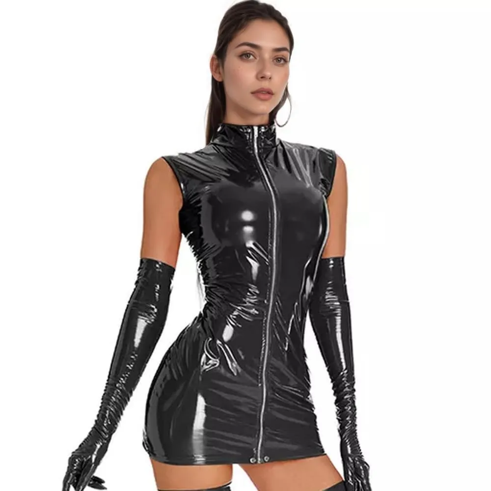 PARUPRUP Donna Vestito Mini in Pelle Wetlook con Cerniera Frontale, Nero, L - immagine 1