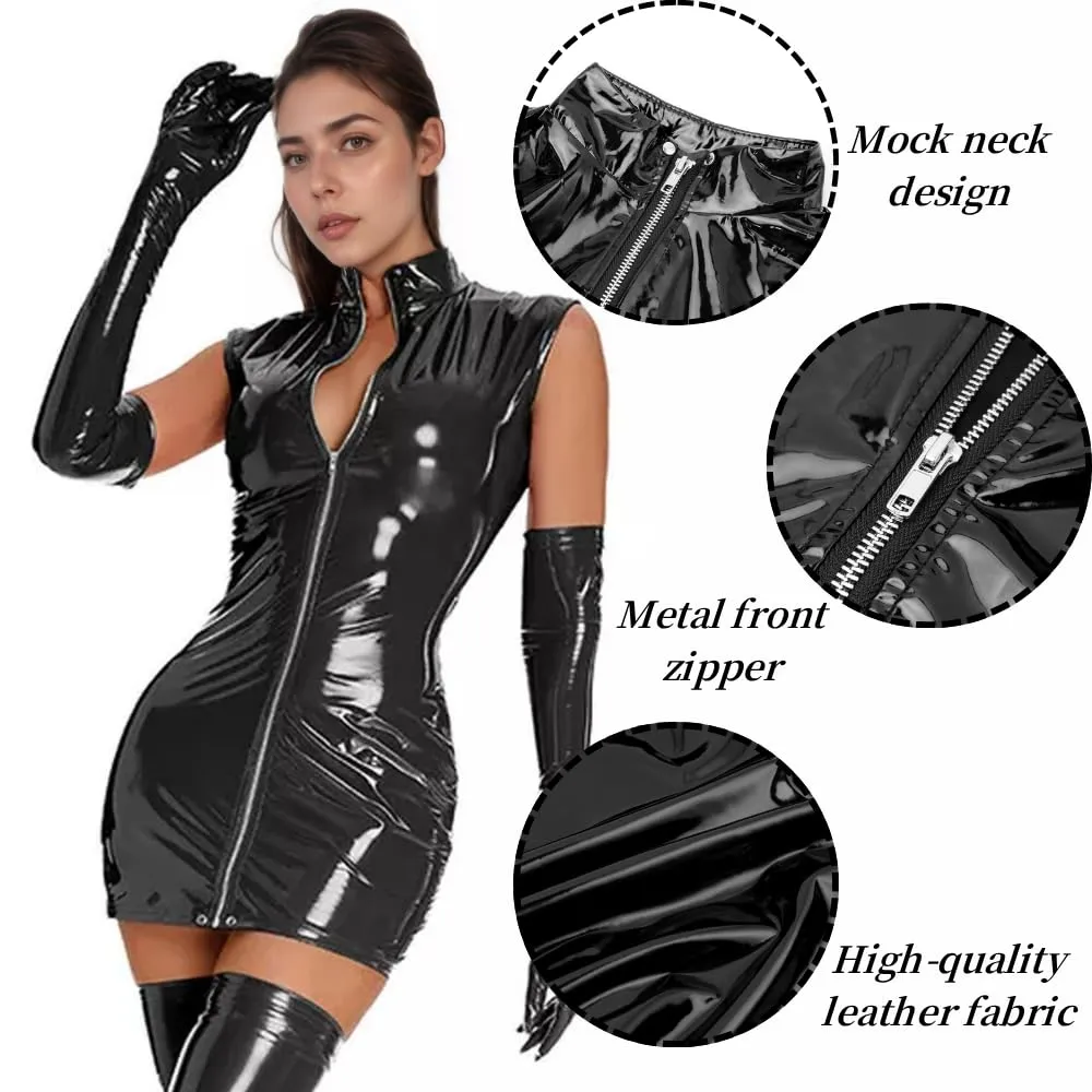 PARUPRUP Donna Vestito Mini in Pelle Wetlook con Cerniera Frontale, Nero, L - immagine 4