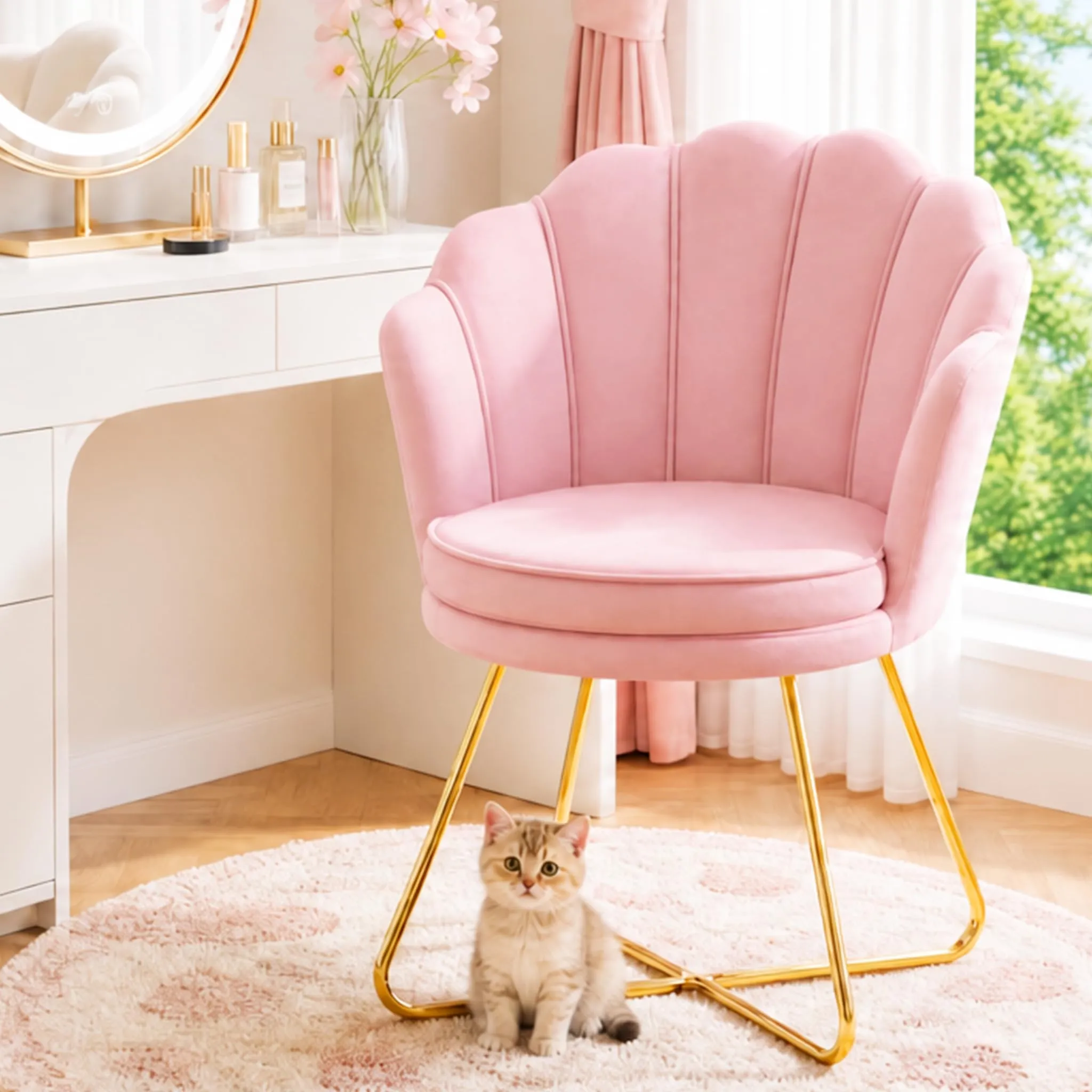 Hellove Sedia Trucco Poltrona Conchiglia in Velluto con Gambe in Metallo Placcato Oro, Rosa - immagine 1