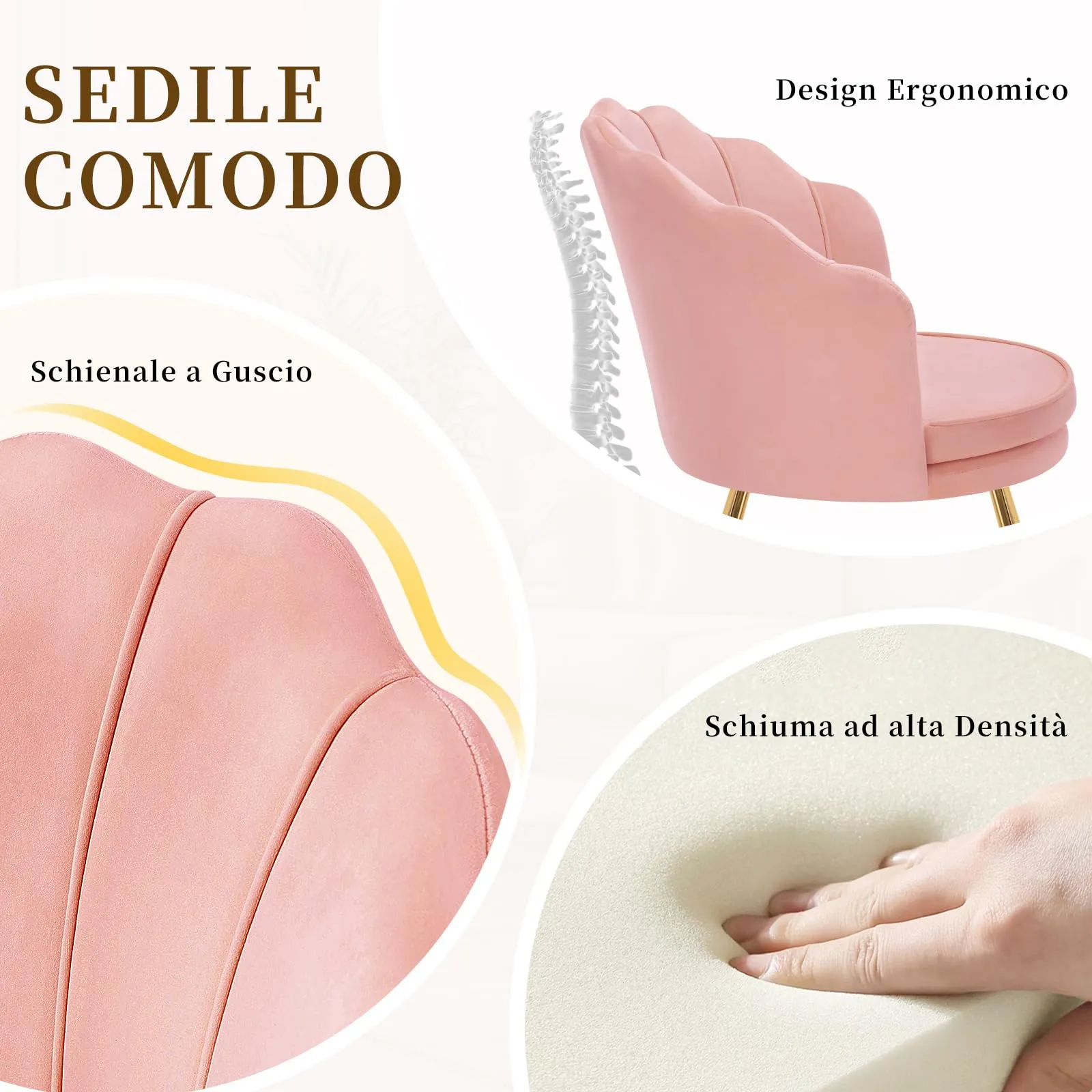 Hellove Sedia Trucco Poltrona Conchiglia in Velluto con Gambe in Metallo Placcato Oro, Rosa - immagine 5